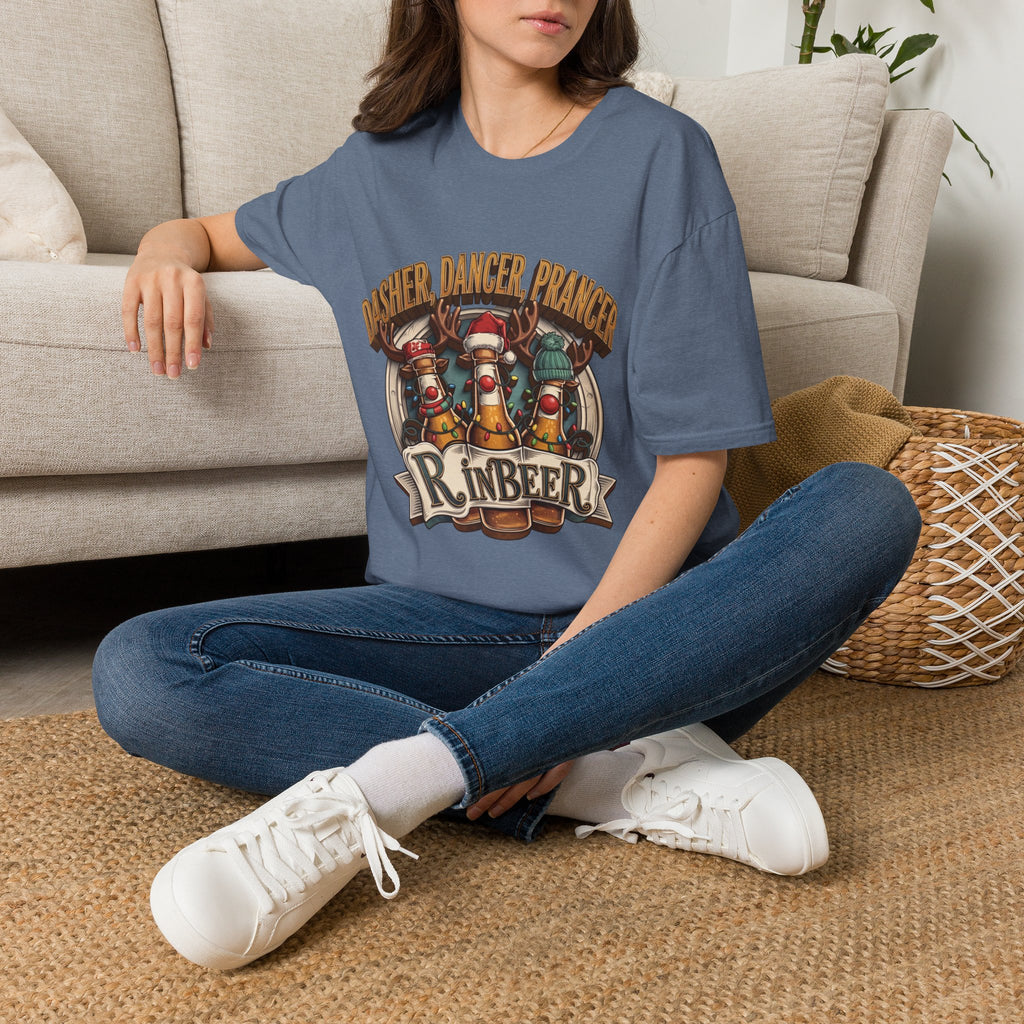 Dasher Dancer Prancer Reinbeer Christmas Beer t-shirt in Heather Indigo, worn by a woman seated on a rug