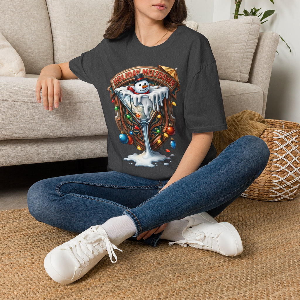 Holiday Meltdown Snowman Martini t-shirt in Dark Heather, worn by a woman seated on a rug