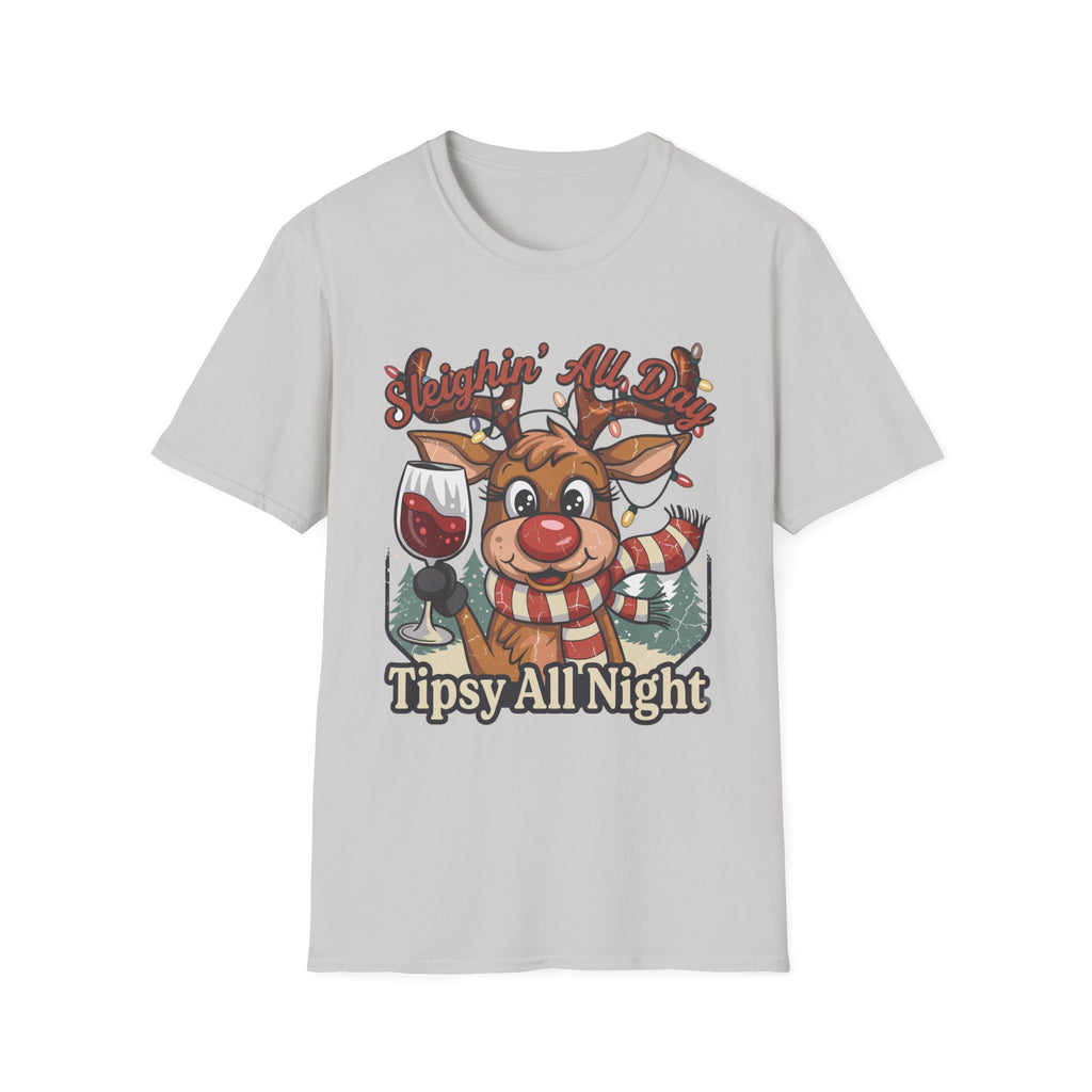 Reindeer Sleighin' All Day Tipsy All Night print on the front of an Ice Grey t-shirt, laid flat on white