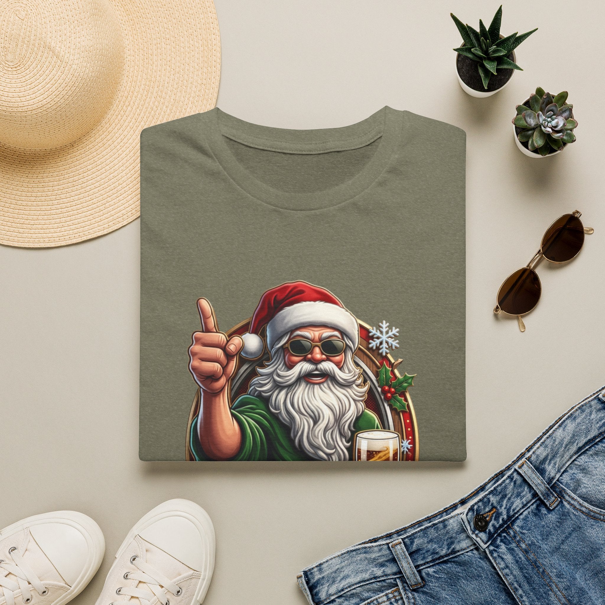 Cheers to the Naughty List Santa Beer print on a Heather Military Green t-shirt, folded beside a straw hat and jeans