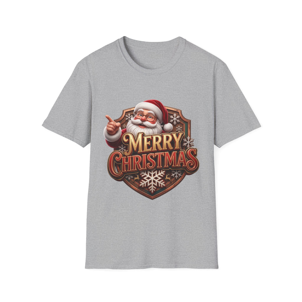 Vintage Santa Merry Christmas Badge print on the front of a Sport Grey t-shirt, laid flat on white