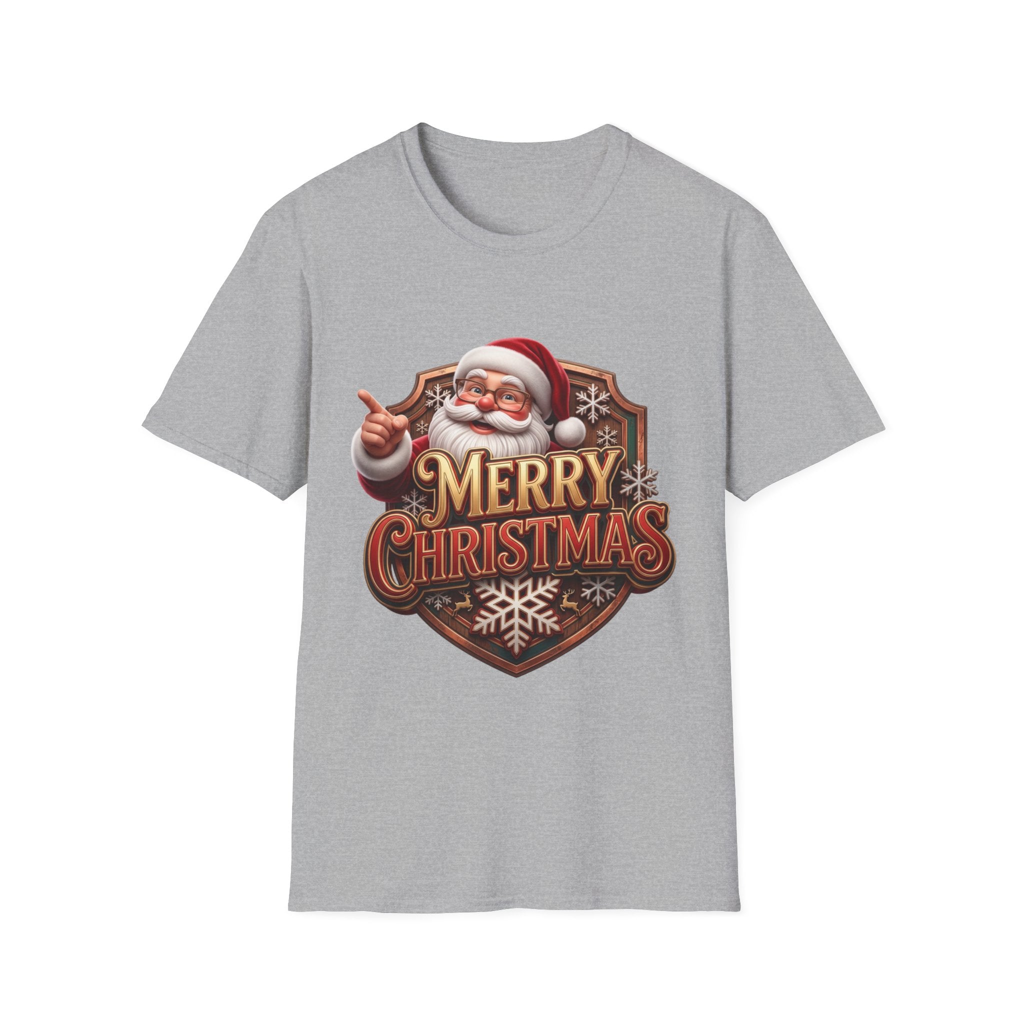 Vintage Santa Merry Christmas Badge print on the front of a Sport Grey t-shirt, laid flat on white