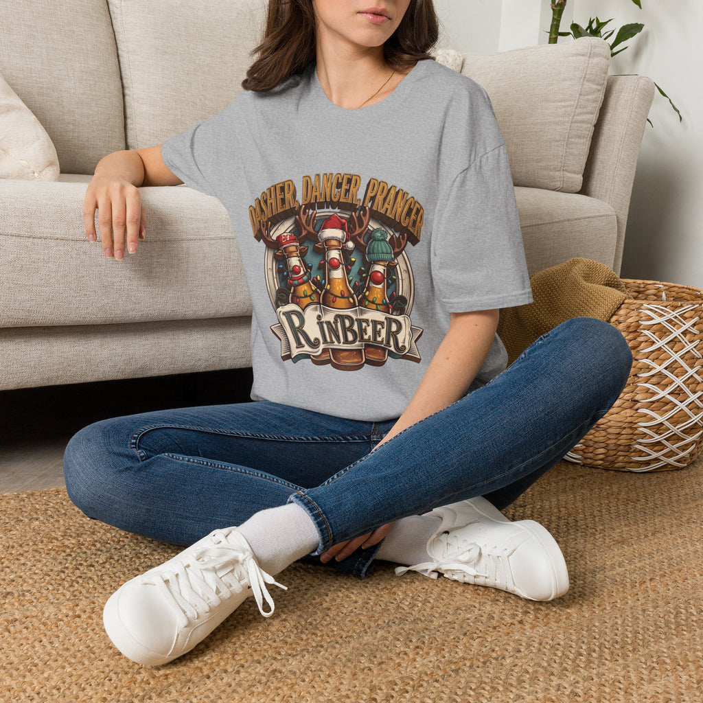 Dasher Dancer Prancer Reinbeer Christmas Beer t-shirt in Sport Grey, worn by a woman seated on a rug