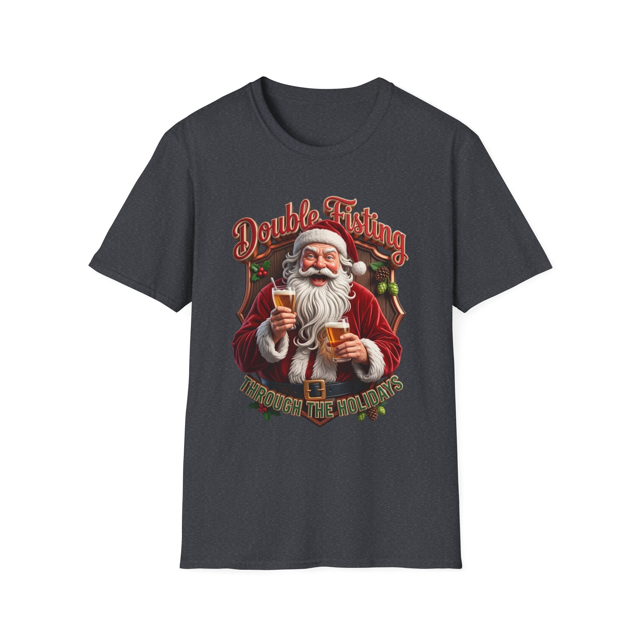 Santa Beer in Each Hand Funny print on the front of a Dark Heather Grey t-shirt, laid flat on white
