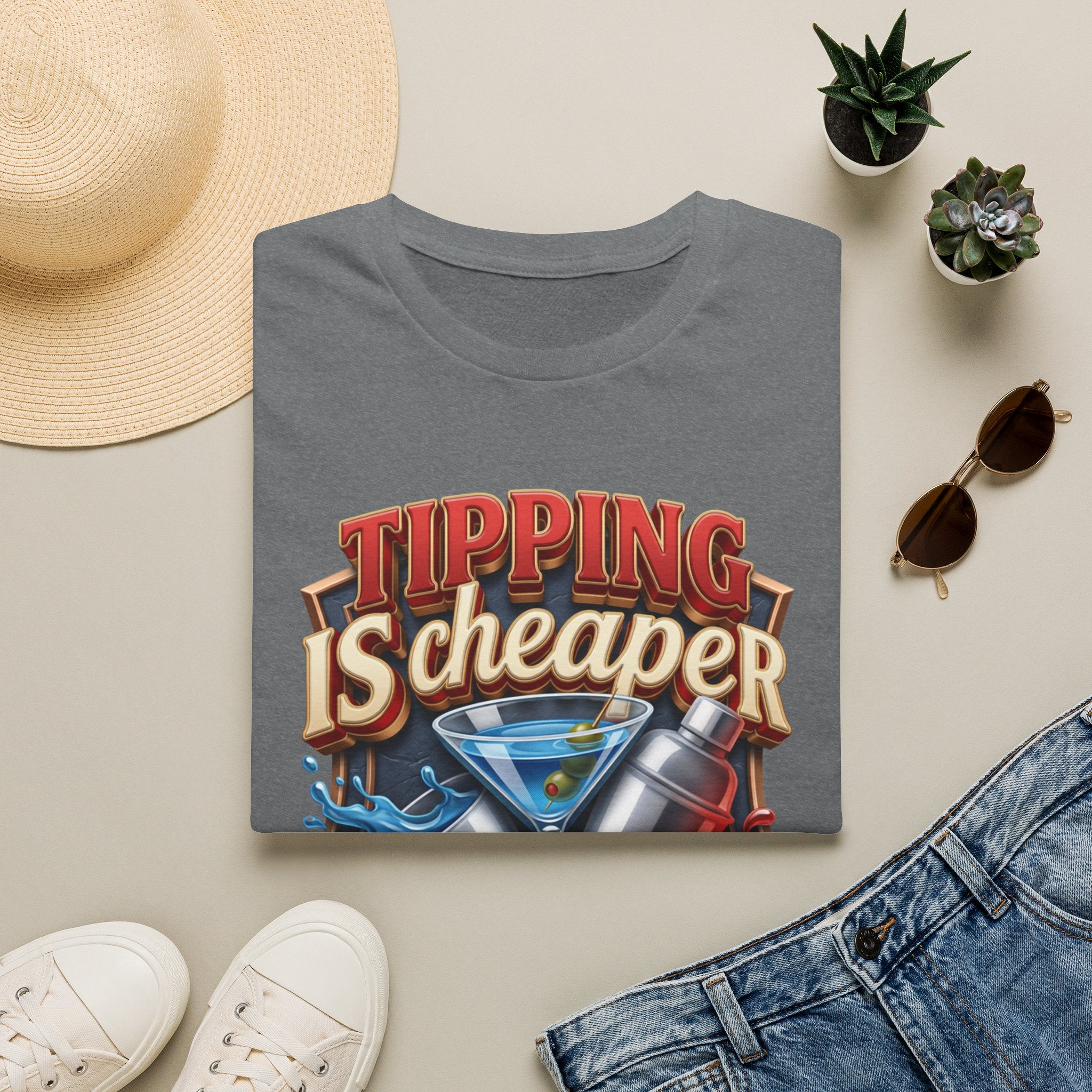 Tipping Is Cheaper Than Therapy Bartender print on a Graphite Heather t-shirt, folded beside a straw hat and jeans
