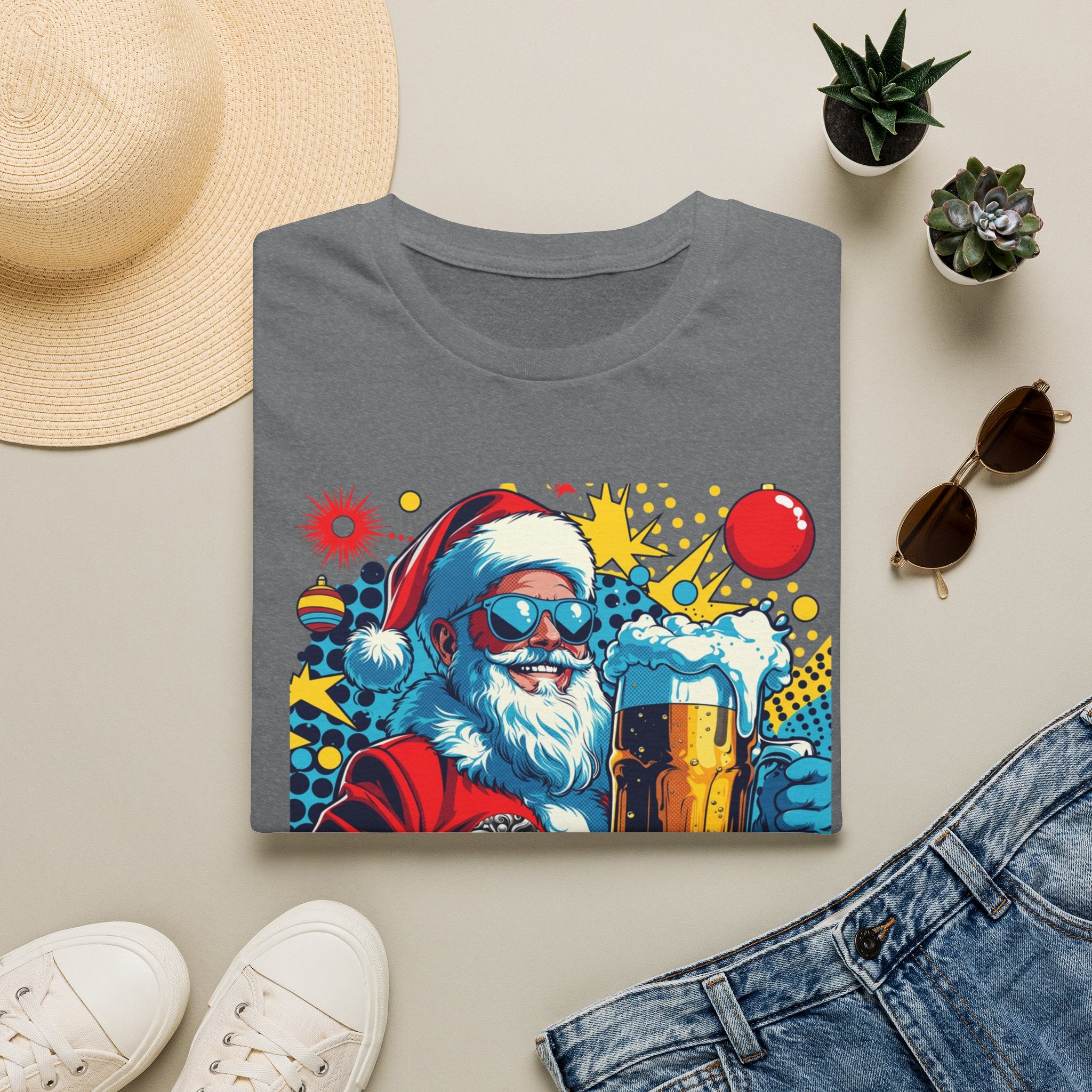 Naughty List Is My People Pop Art Santa Beer T-Shirt, shown in Graphite Heather