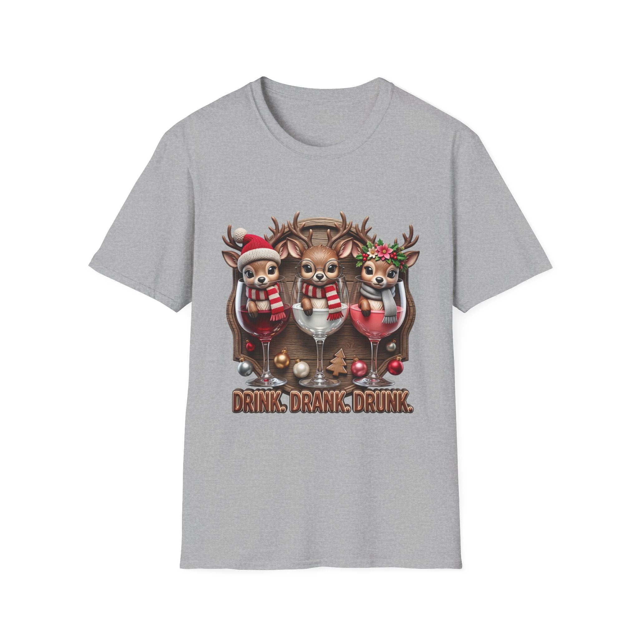 Drink Drank Drunk Reindeer Wine Trio print on the front of a Sport Grey t-shirt, laid flat on white