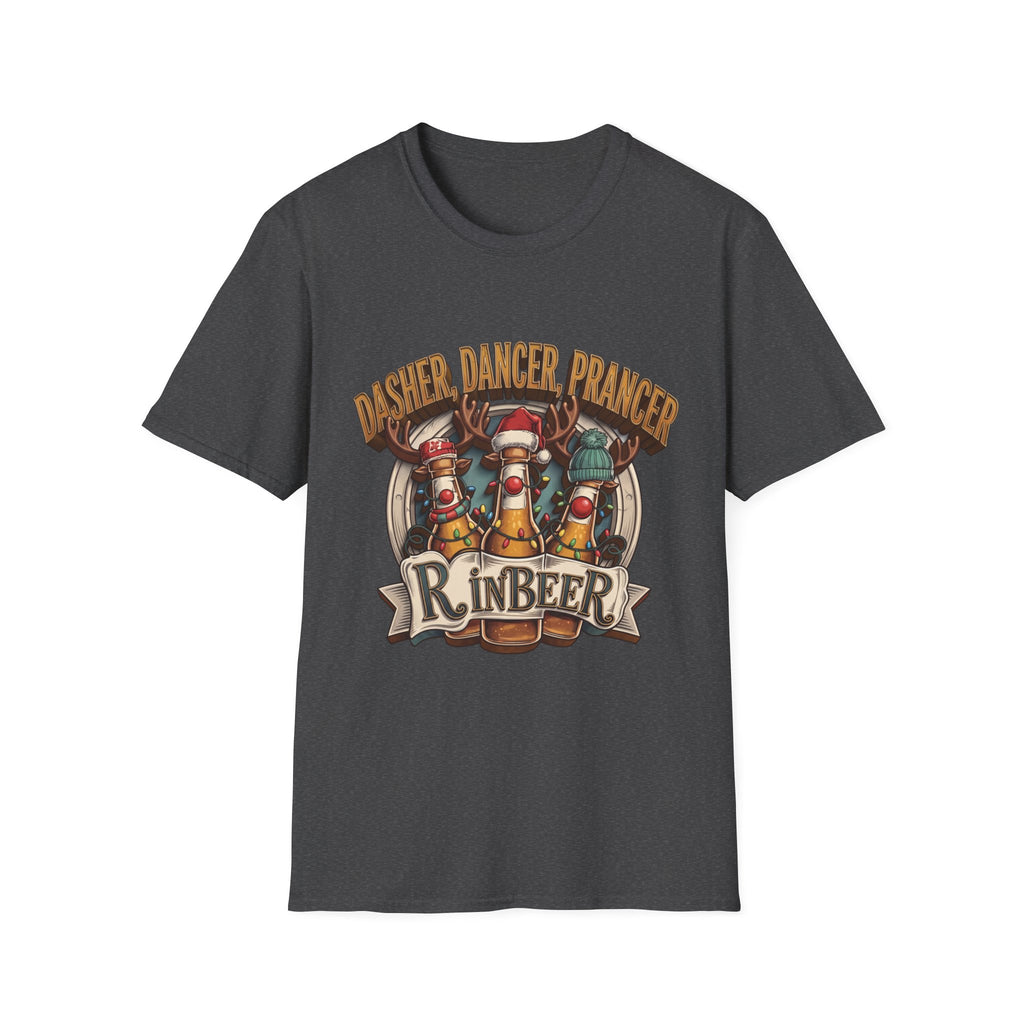 Dasher Dancer Prancer Reinbeer Christmas Beer print on the front of a Dark Heather t-shirt, laid flat on white