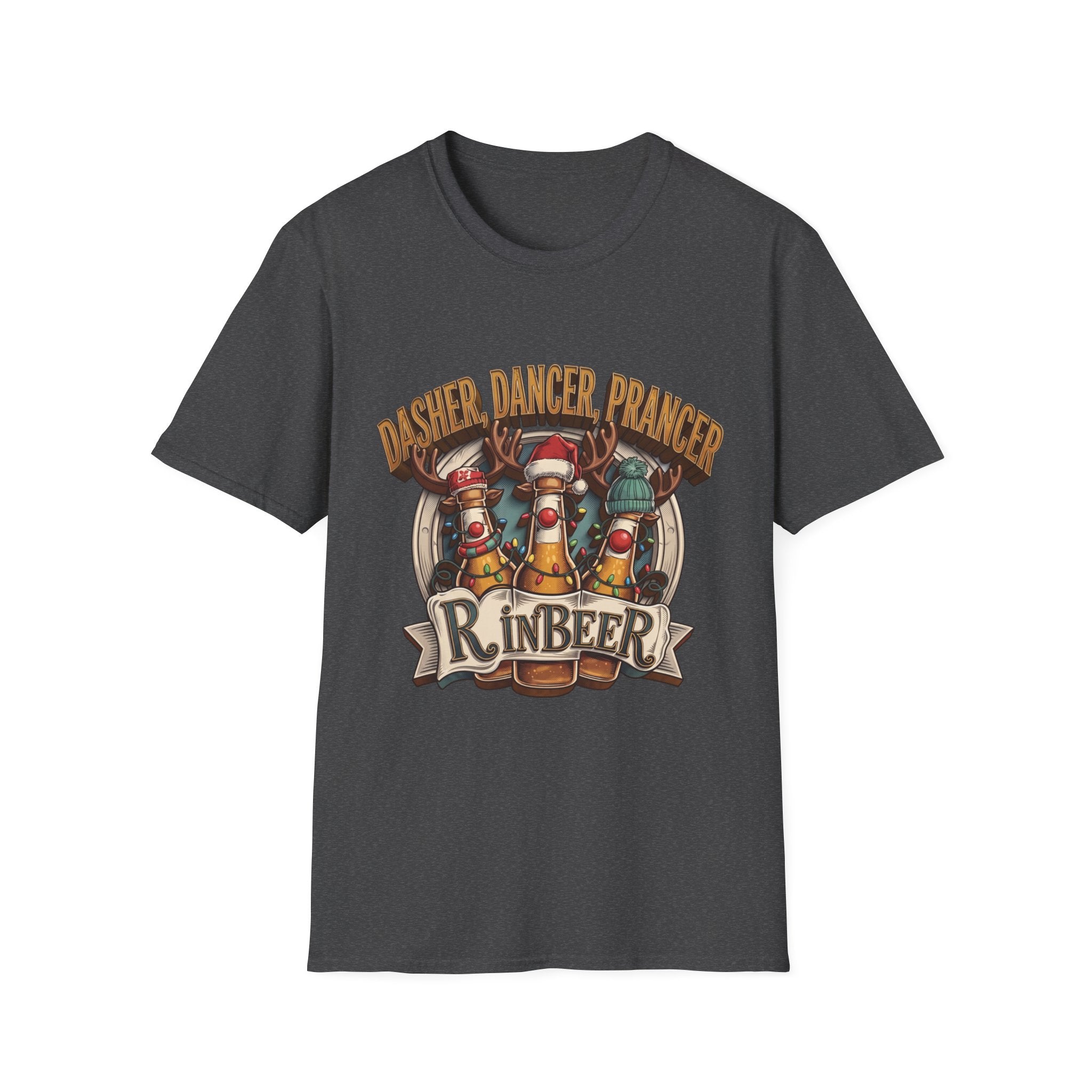 Dasher Dancer Prancer Reinbeer Christmas Beer print on the front of a Dark Heather t-shirt, laid flat on white