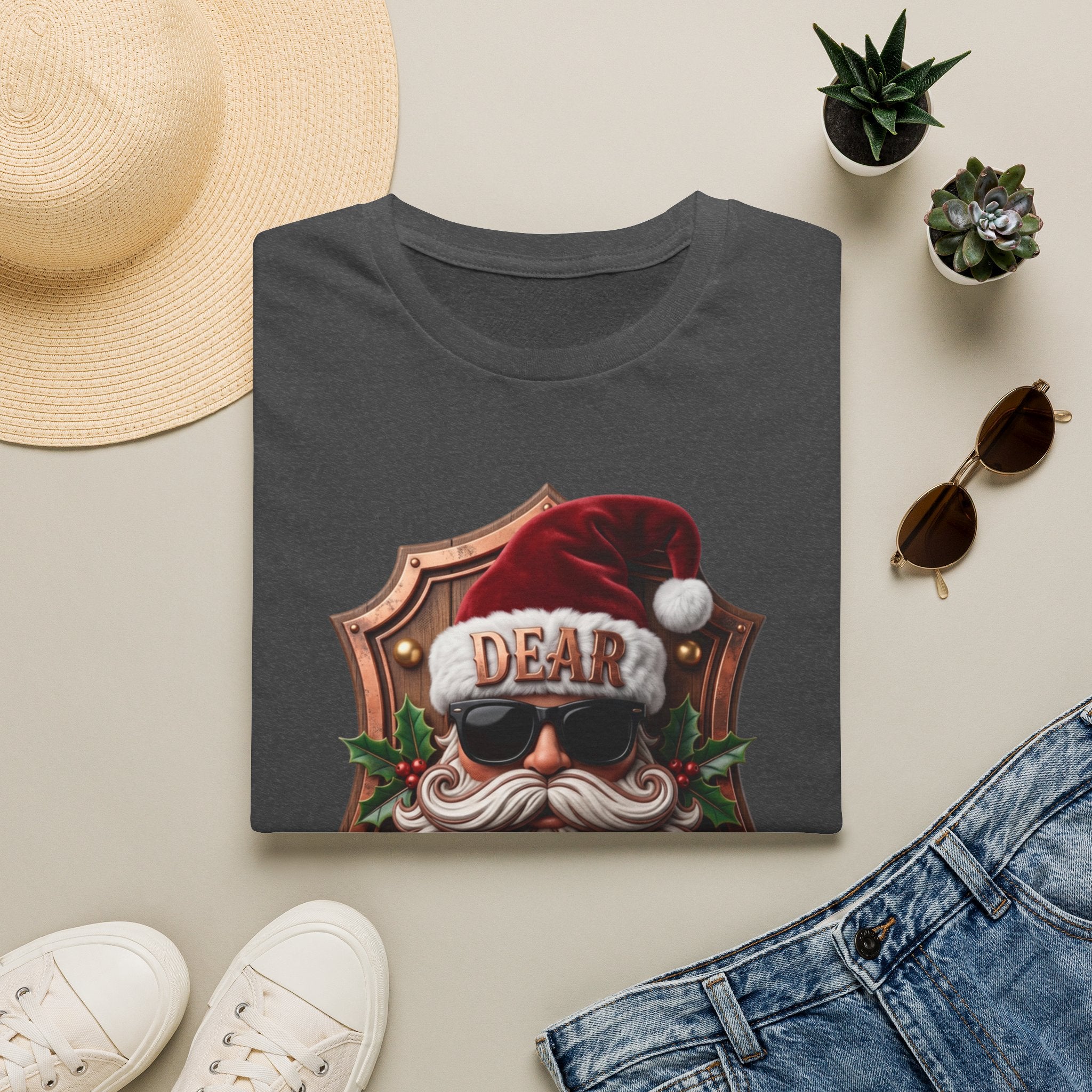 Dear Santa I Can Explain Sunglasses Crest print on a Dark Heather t-shirt, folded beside a straw hat and jeans