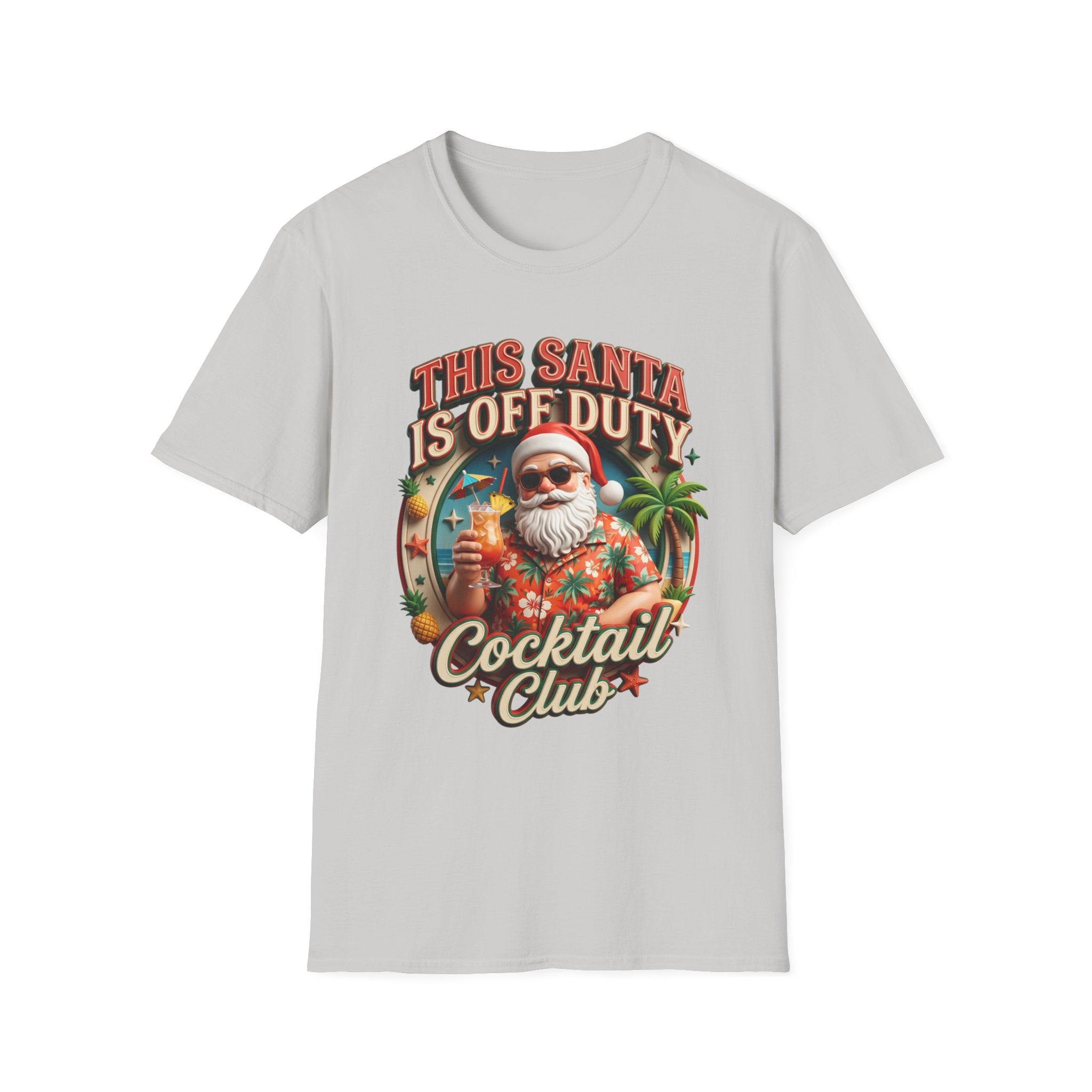 This Santa Is Off Duty Cocktail Club print on the front of an Ice Grey t-shirt, laid flat on white