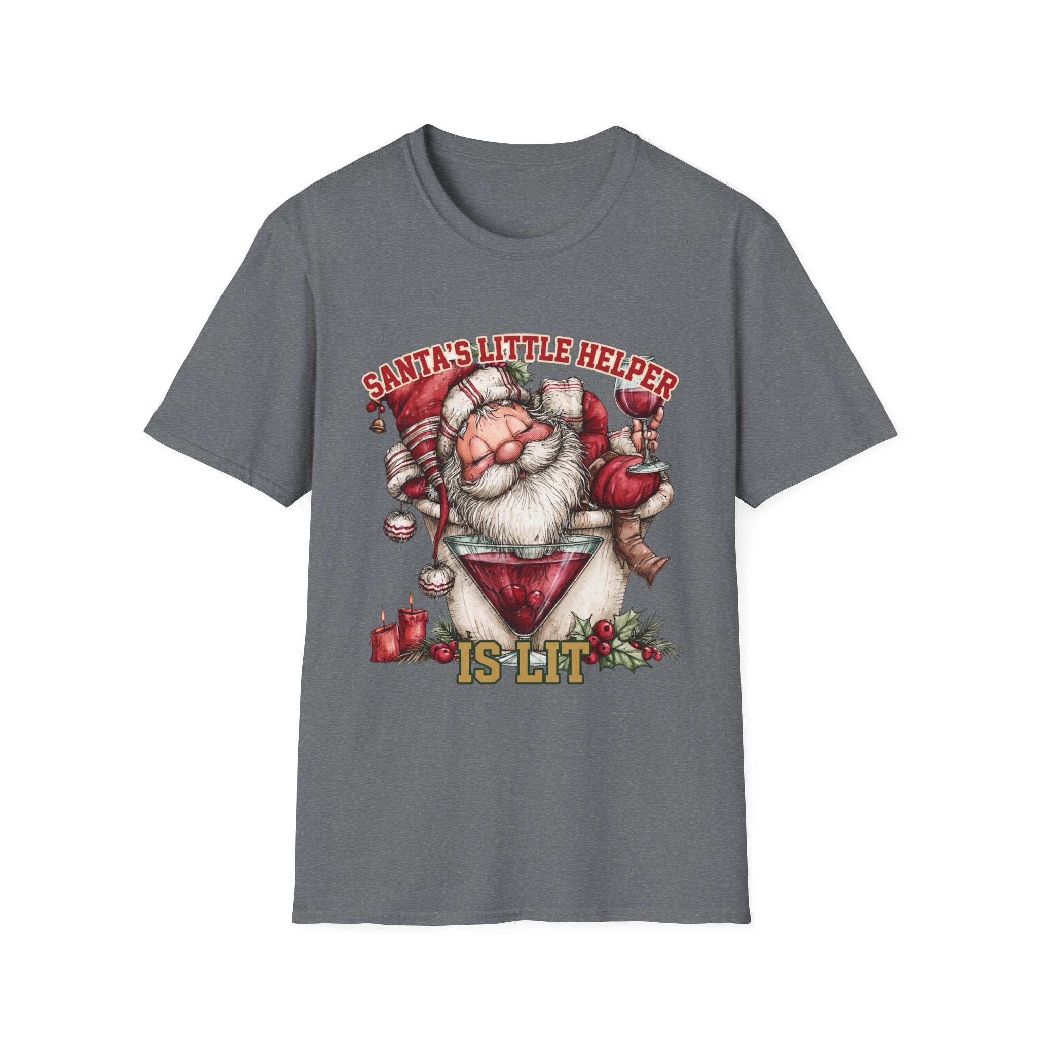 Santa's Little Helper Is Lit Christmas Wine print on the front of a Graphite Heather t-shirt, laid flat on white