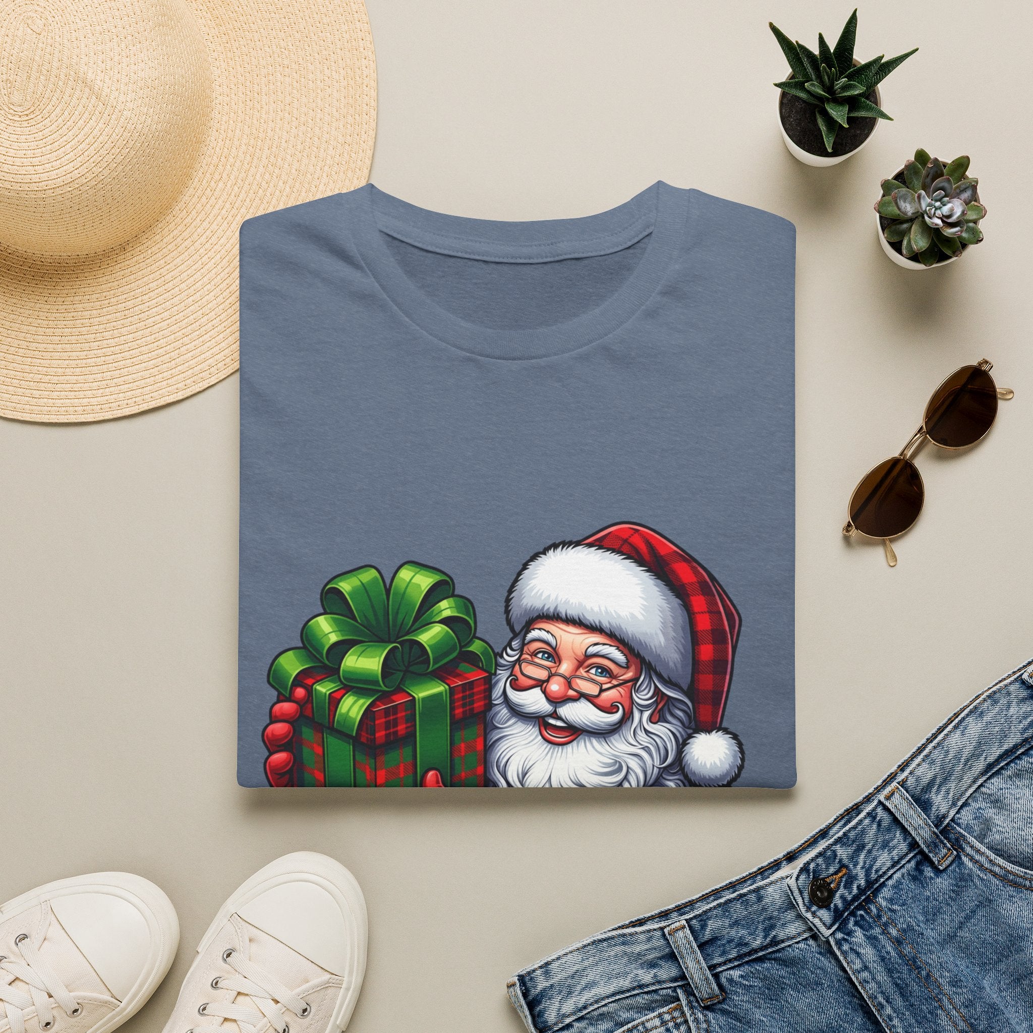 Santa Have a Plaid-astic print on a Heather Indigo t-shirt, folded beside a straw hat and jeans