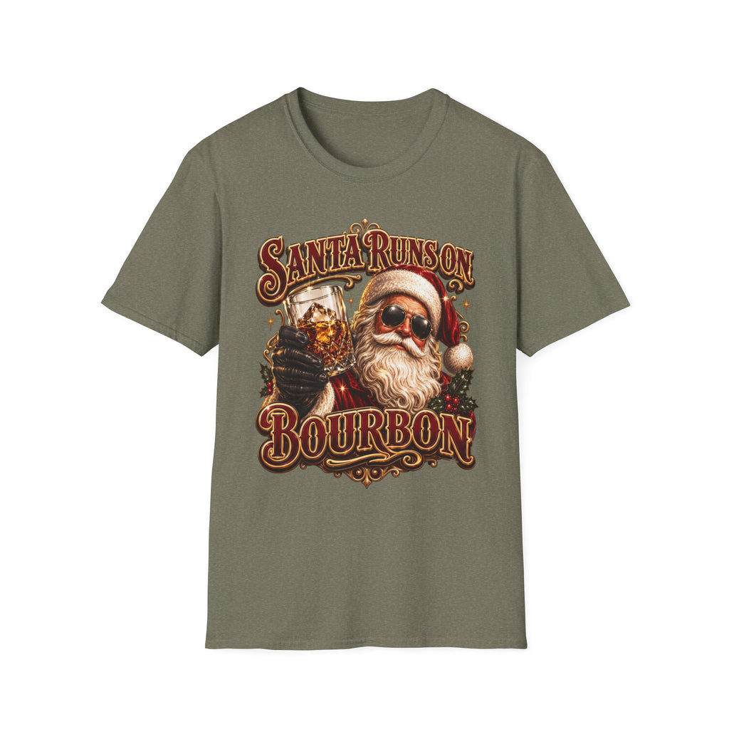 Santa Runs on Bourbon Vintage Whiskey print on the front of a Heather Military Green t-shirt, laid flat on white