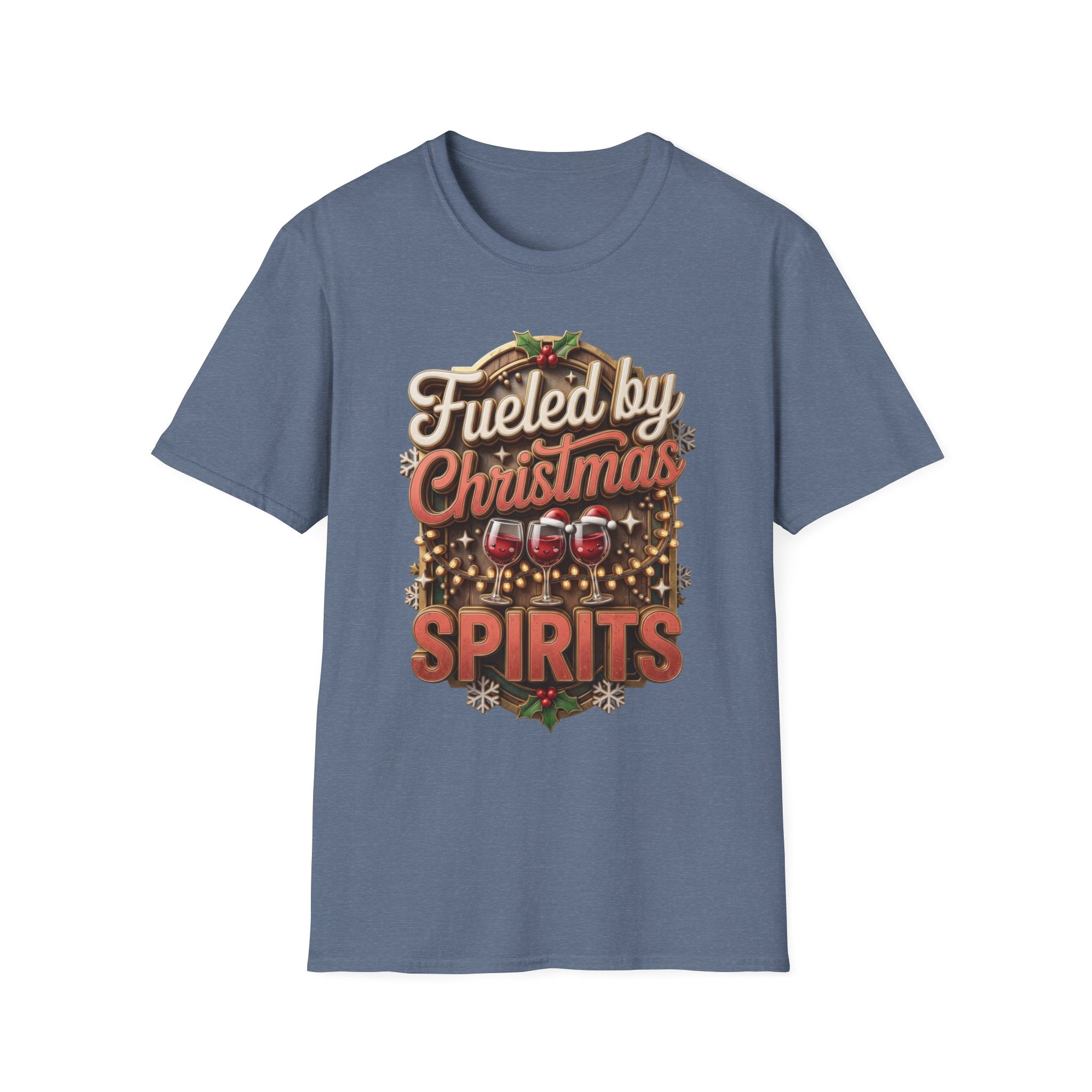 Fueled by Christmas Spirits Wine print on the front of a Heather Indigo t-shirt, laid flat on white