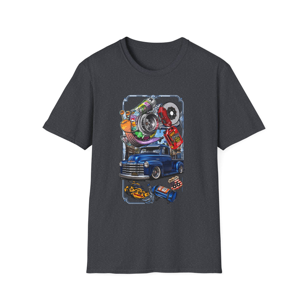 Turbocharged Snail Gearhead Car Parts print on the front of a Dark Heather Grey t-shirt, laid flat on white