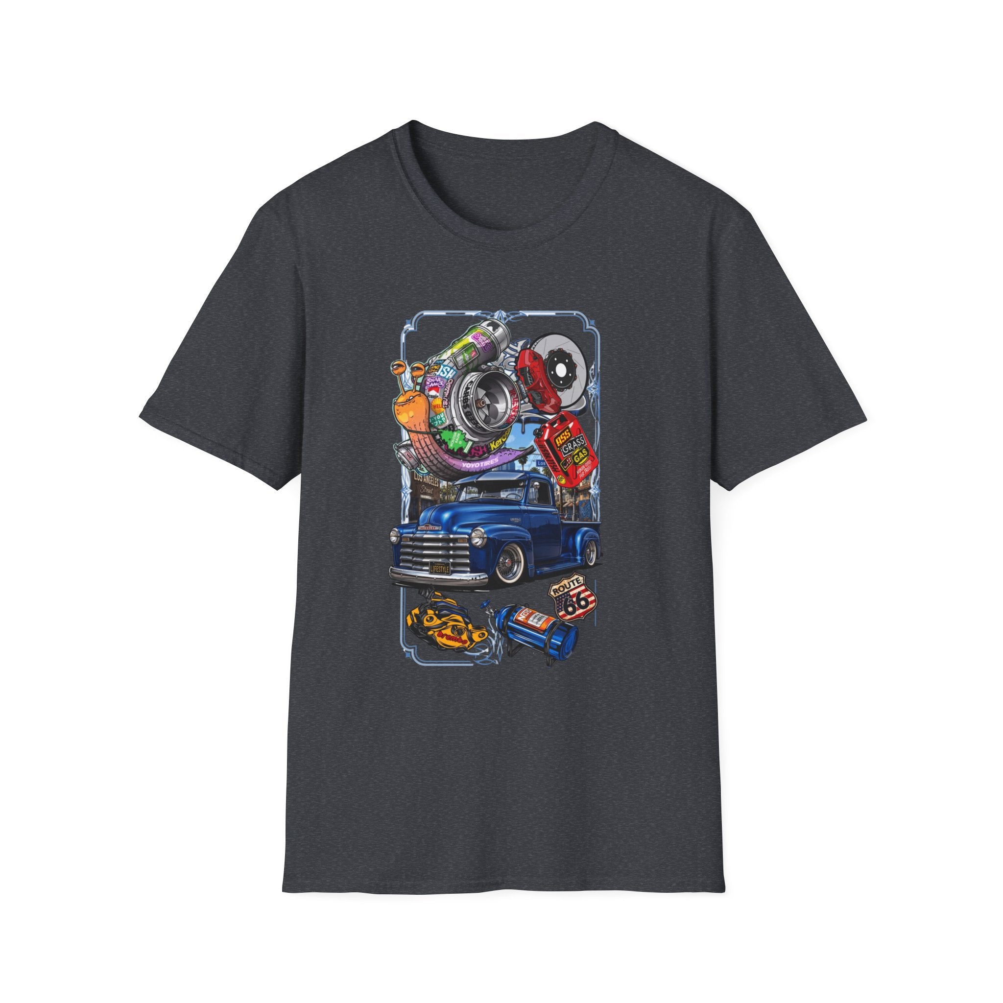 Turbocharged Snail Gearhead Car Parts print on the front of a Dark Heather Grey t-shirt, laid flat on white