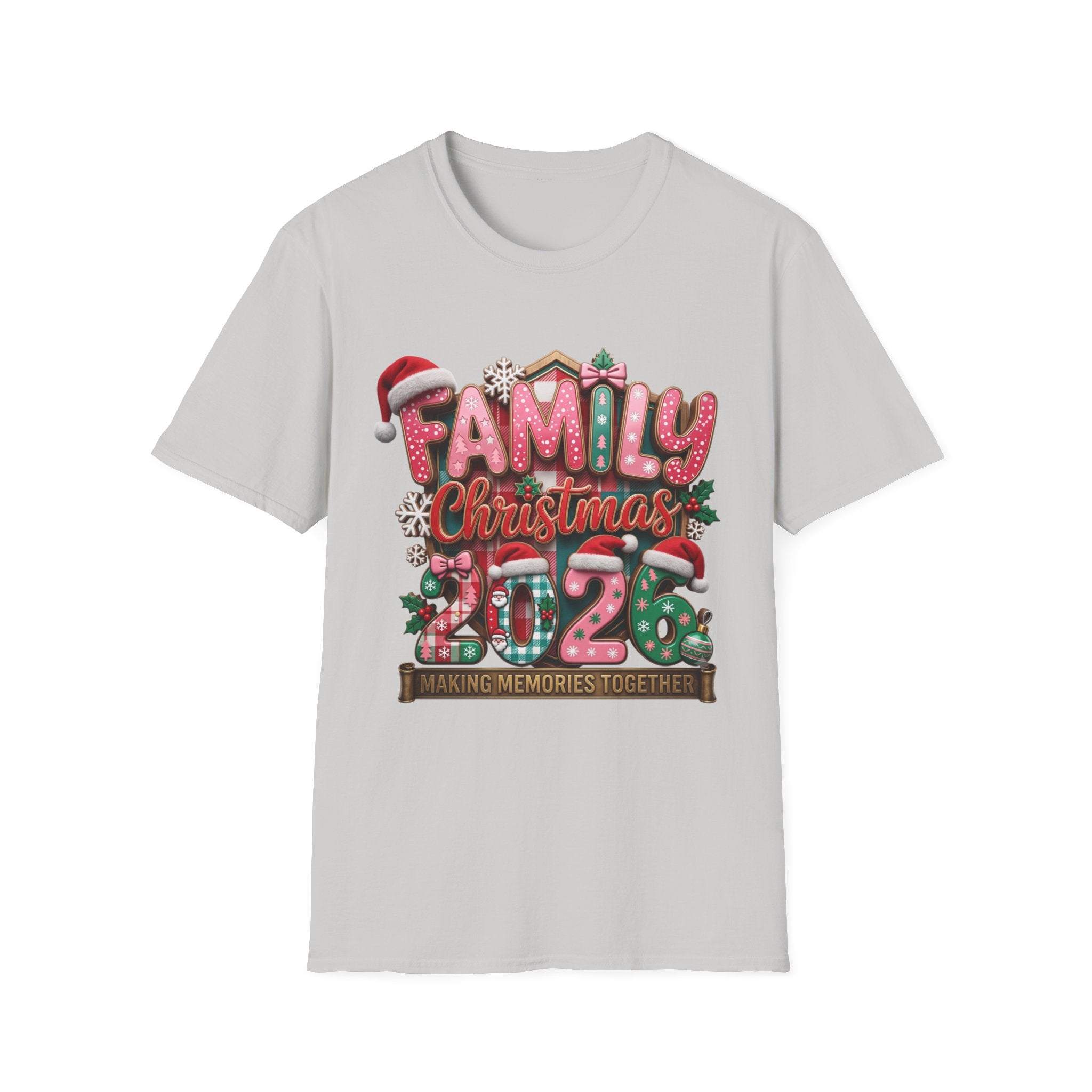 Family Christmas 2026 Making Memories Together print on the front of an Ice Grey t-shirt, laid flat on white