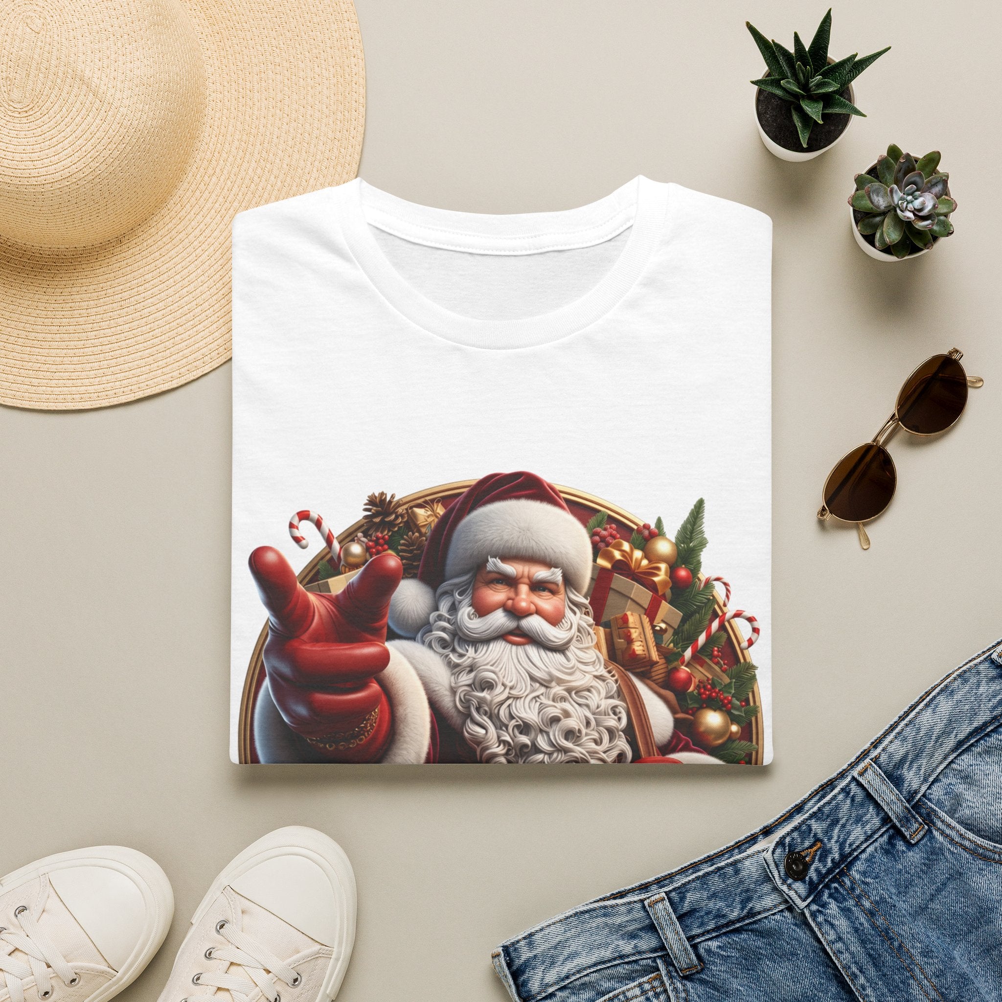 Santa You're On The List Pointing print on a White t-shirt, folded beside a straw hat and jeans