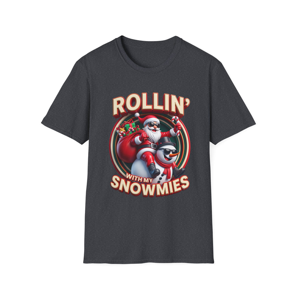 Rollin' with My Snowmies Santa & Snowman print on the front of a Dark Heather Grey t-shirt, laid flat on white