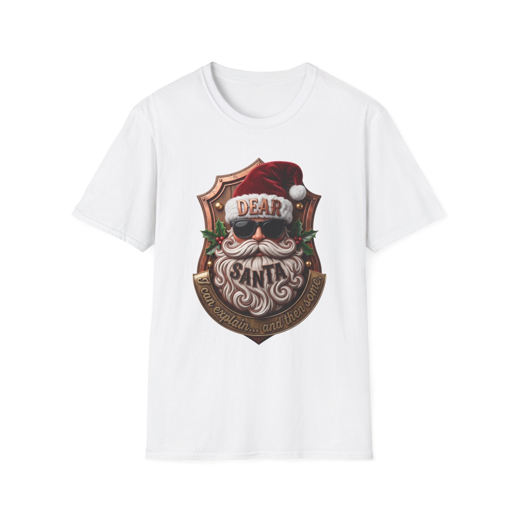Dear Santa I Can Explain Sunglasses Crest print on the front of a White t-shirt, laid flat on white