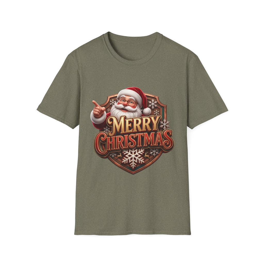 Vintage Santa Merry Christmas Badge print on the front of a Heather Military Green t-shirt, laid flat on white