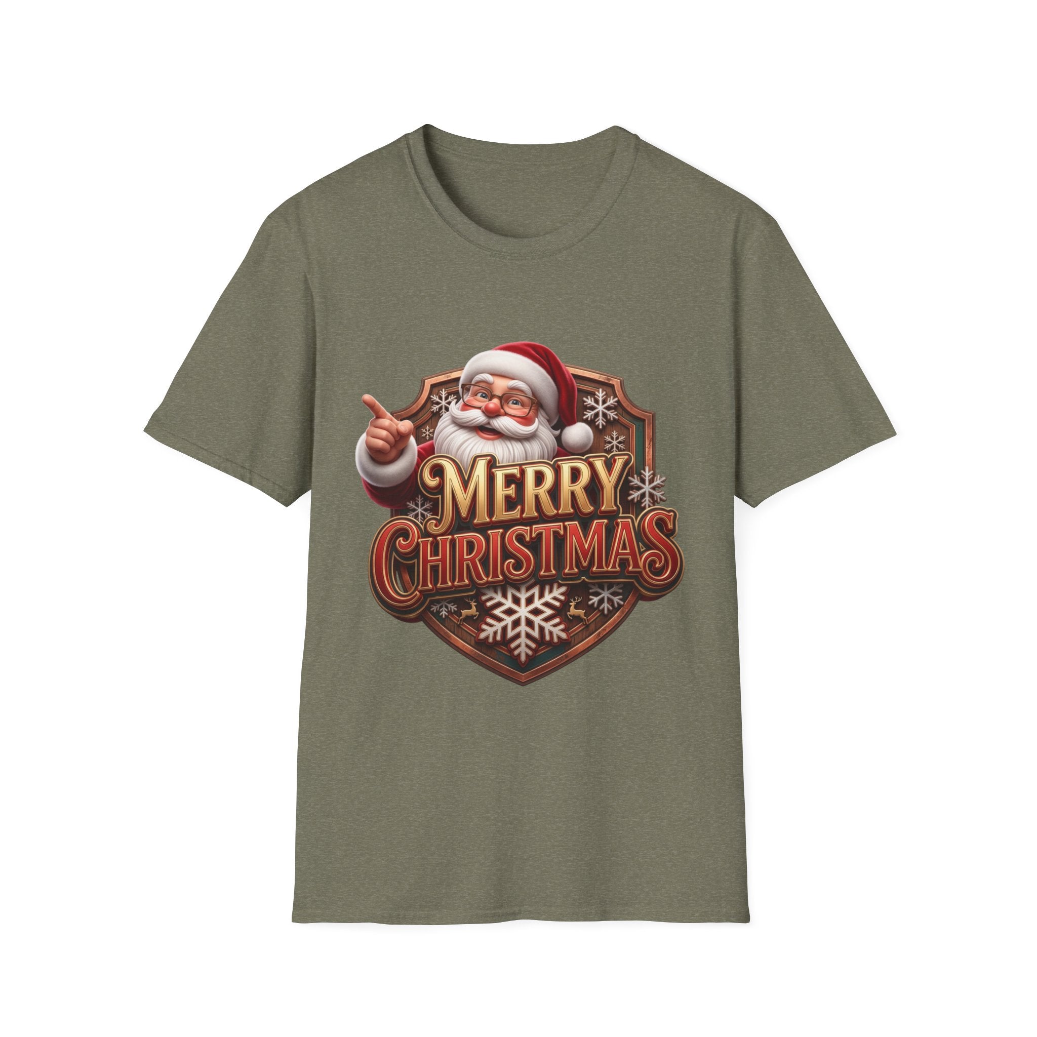 Vintage Santa Merry Christmas Badge print on the front of a Heather Military Green t-shirt, laid flat on white