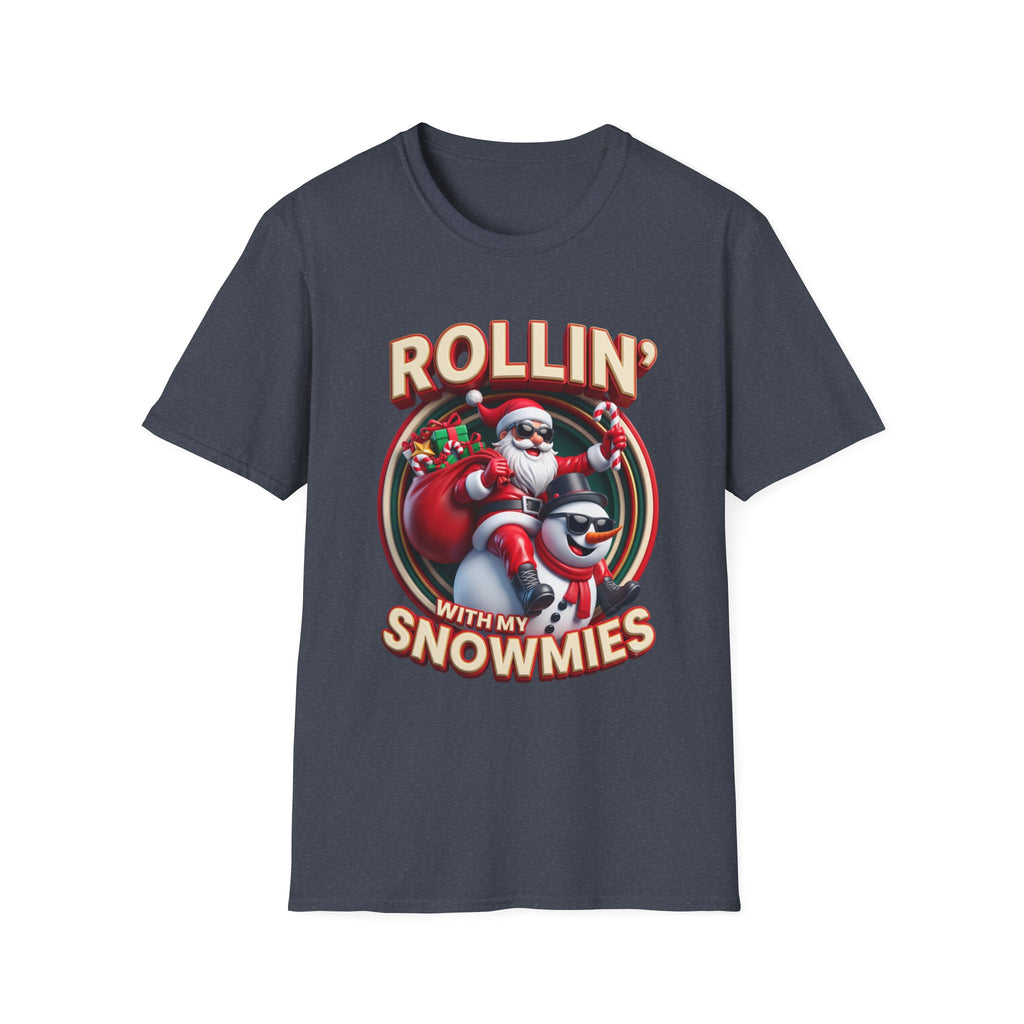Rollin' with My Snowmies Santa & Snowman print on the front of a Heather Navy t-shirt, laid flat on white
