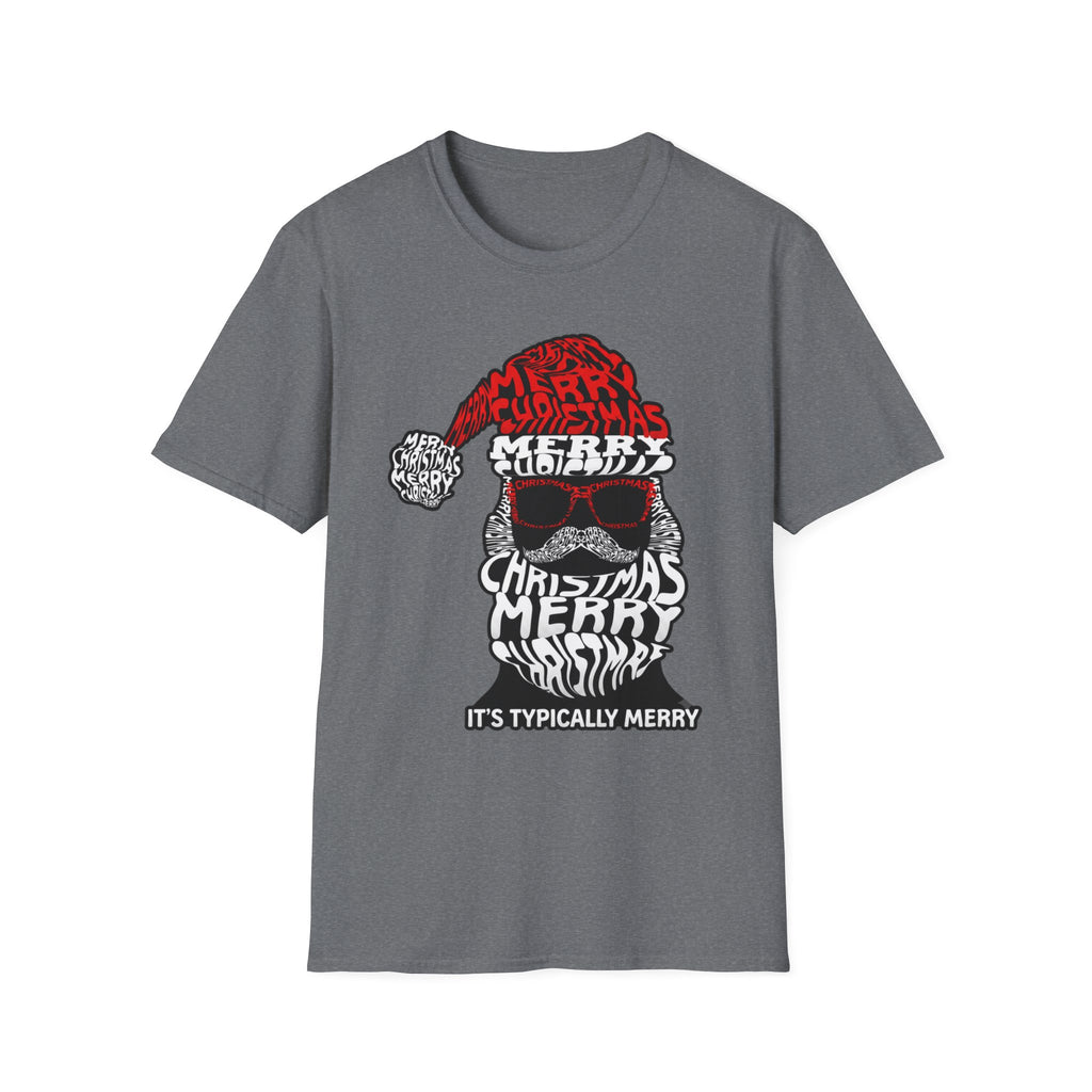 Cool Santa Sunglasses Typography Merry print on the front of a Graphite Heather t-shirt, laid flat on white