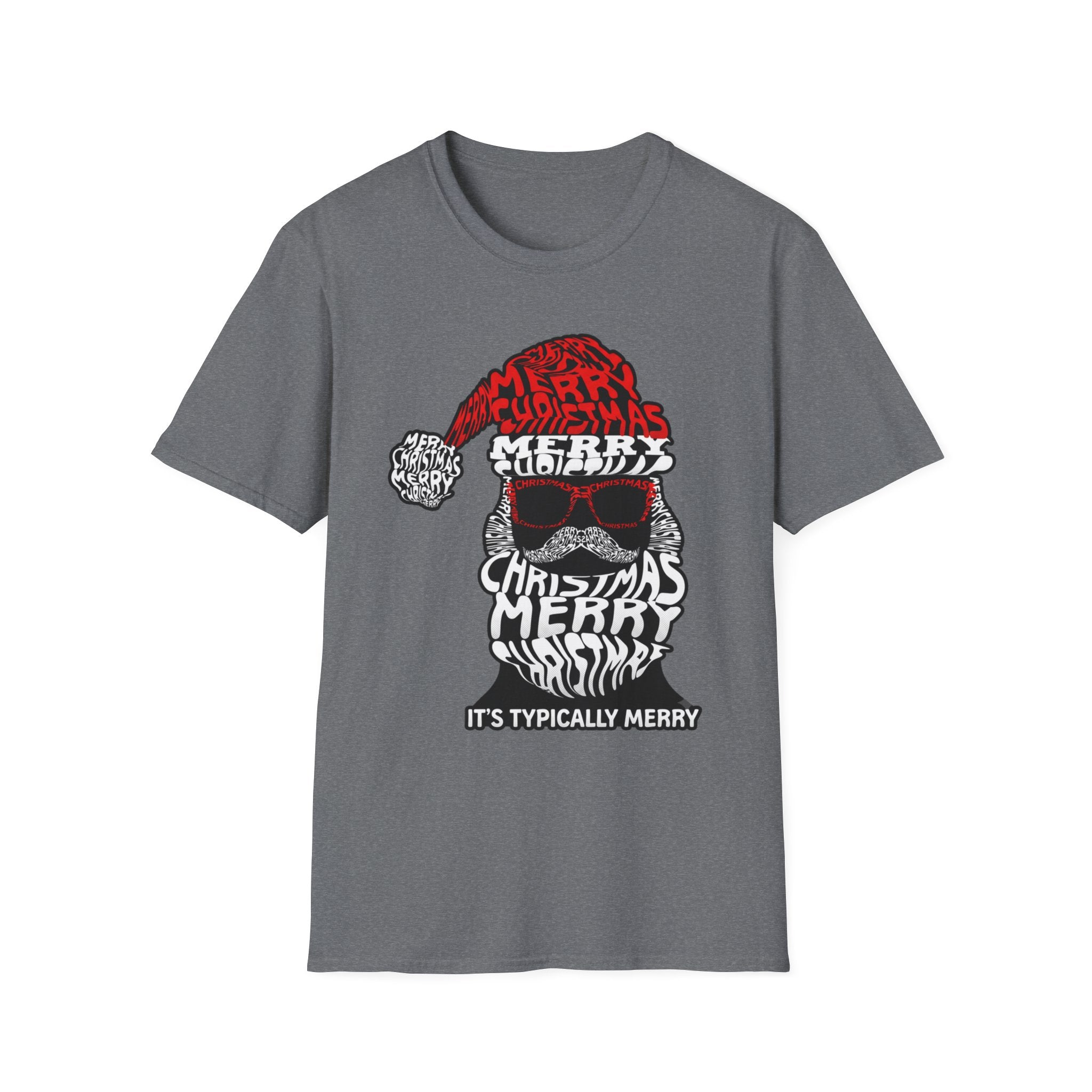 Cool Santa Sunglasses Typography Merry print on the front of a Graphite Heather t-shirt, laid flat on white