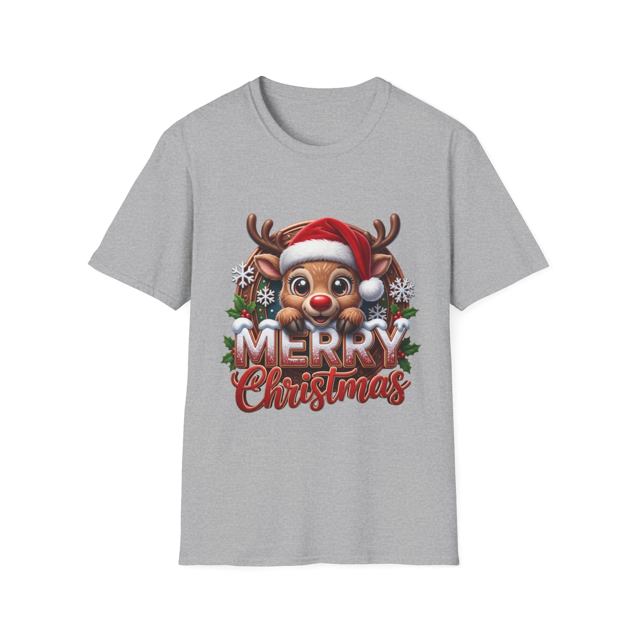 Cute Red-Nosed Reindeer print on the front of a Sport Grey t-shirt, laid flat on white