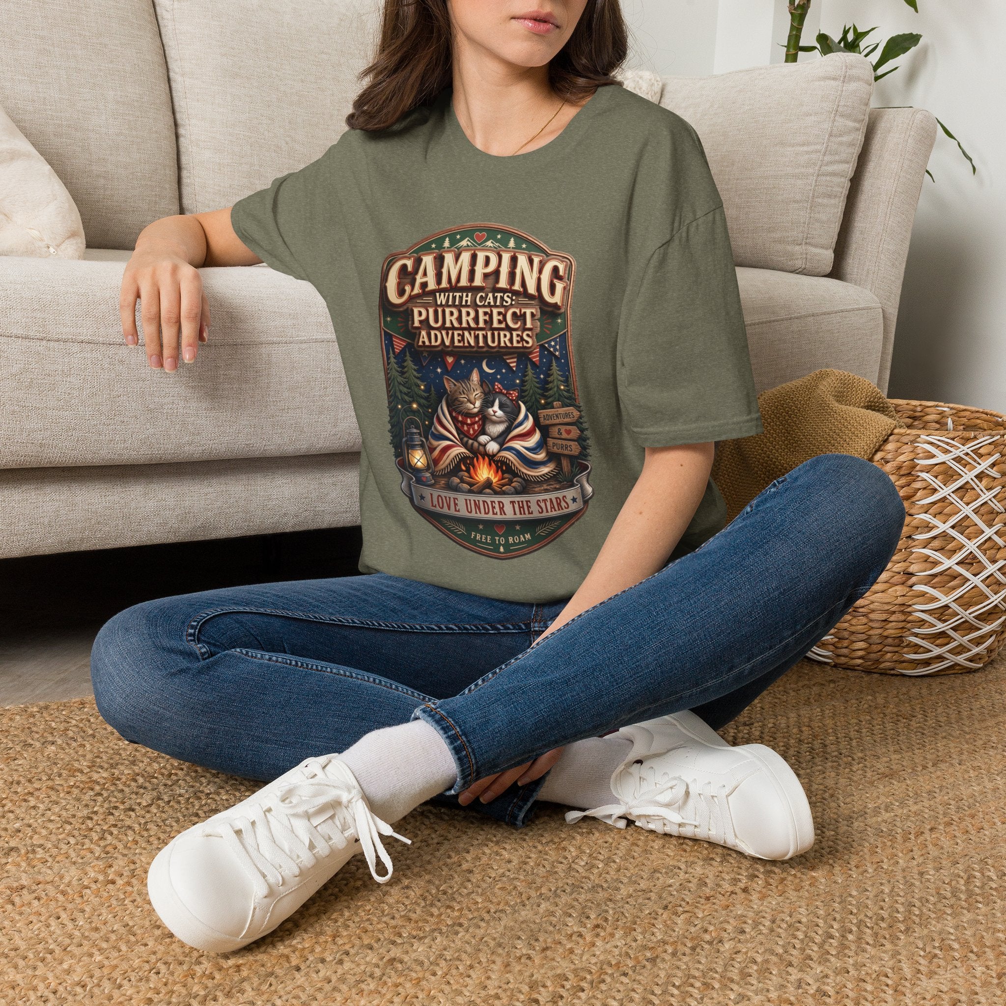 Camping With Cats Purrfect Adventures t-shirt in Heather Military Green, worn by a woman seated on a rug