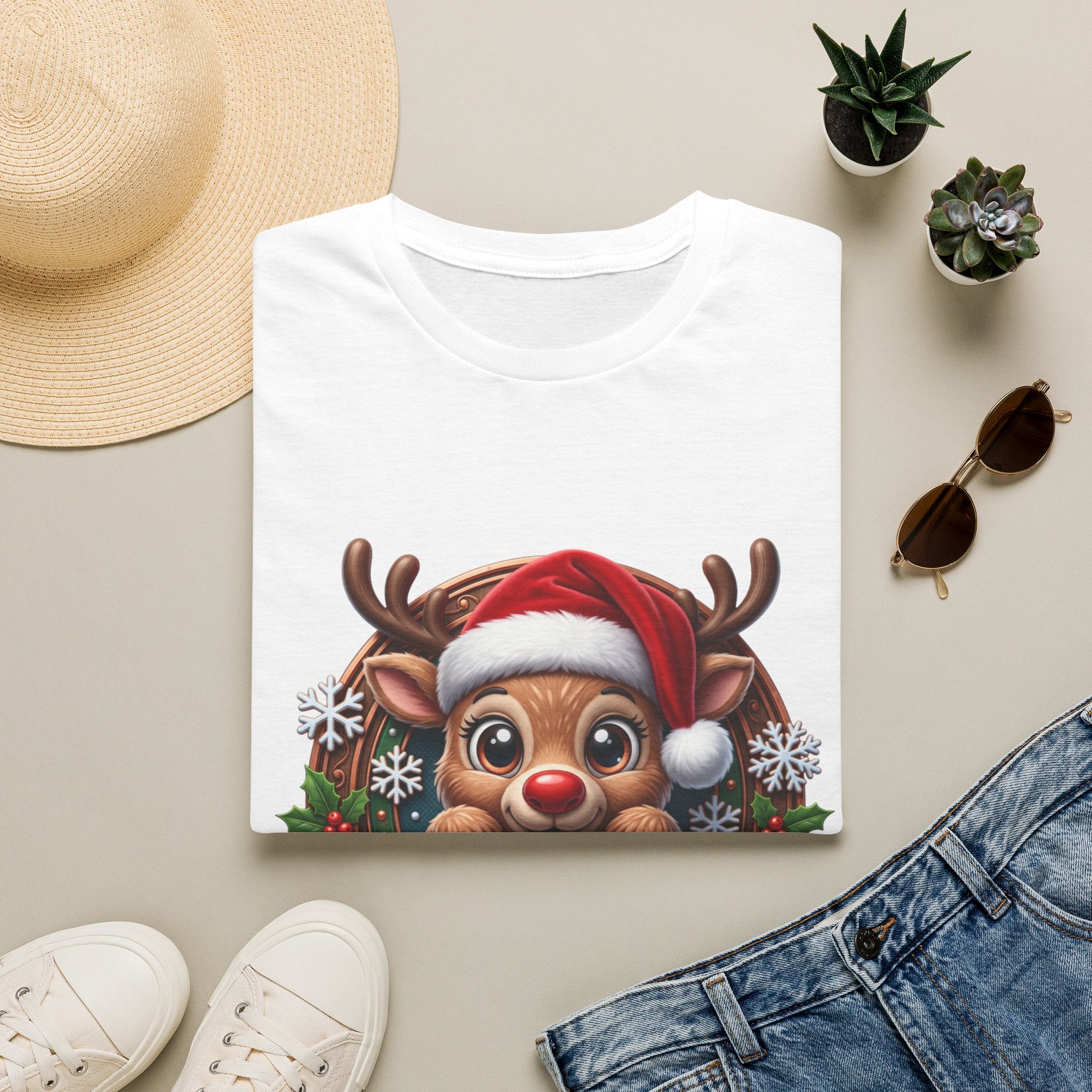 Cute Red-Nosed Reindeer print on a White t-shirt, folded beside a straw hat and jeans