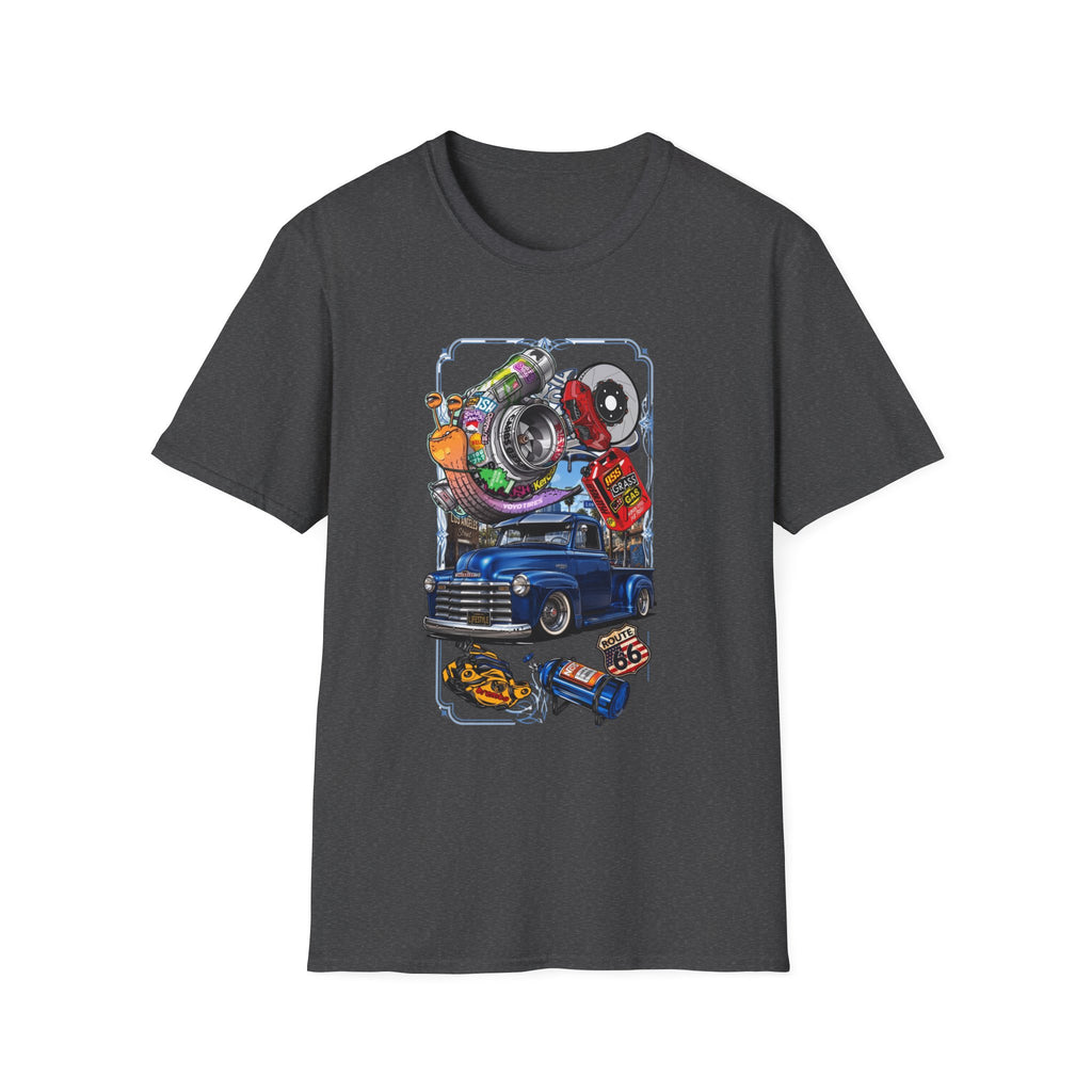 Turbocharged Snail Gearhead Car Parts print on the front of a Dark Heather t-shirt, laid flat on white