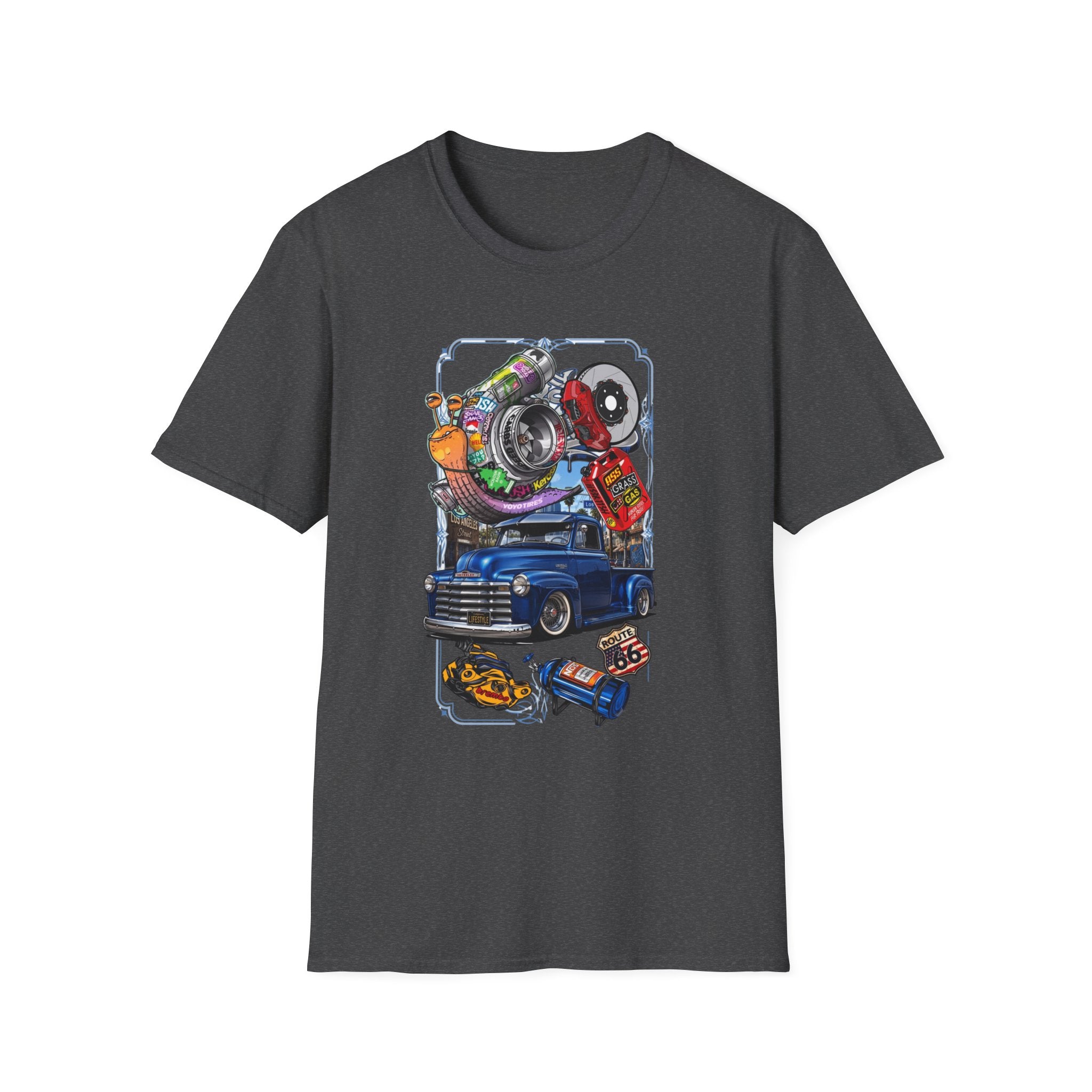 Turbocharged Snail Gearhead Car Parts print on the front of a Dark Heather t-shirt, laid flat on white
