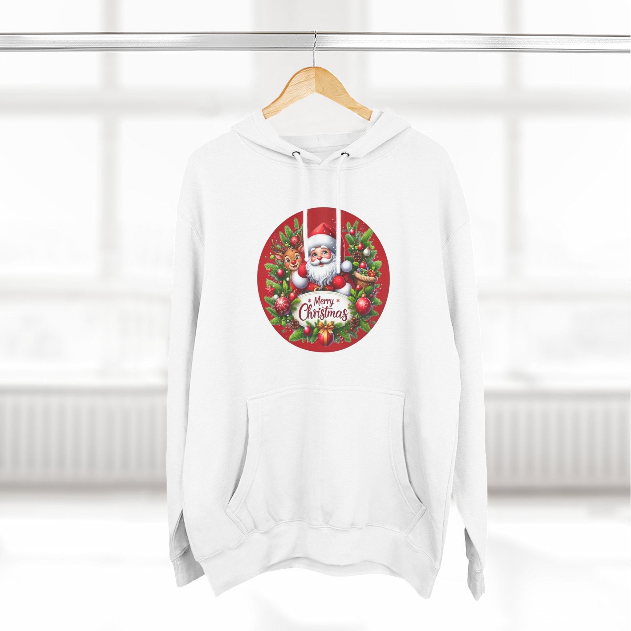Santa & Reindeer Merry Christmas Wreath Hoodie