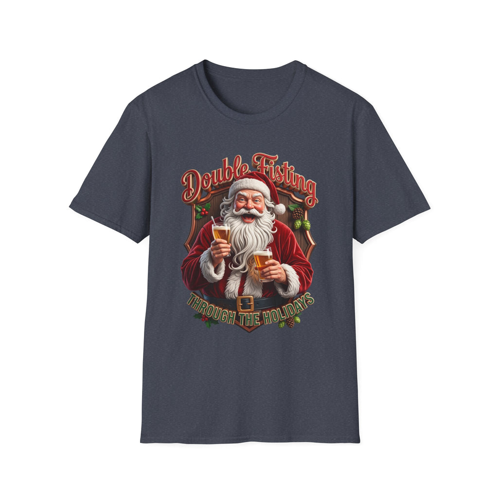Santa Beer in Each Hand Funny print on the front of a Heather Navy t-shirt, laid flat on white