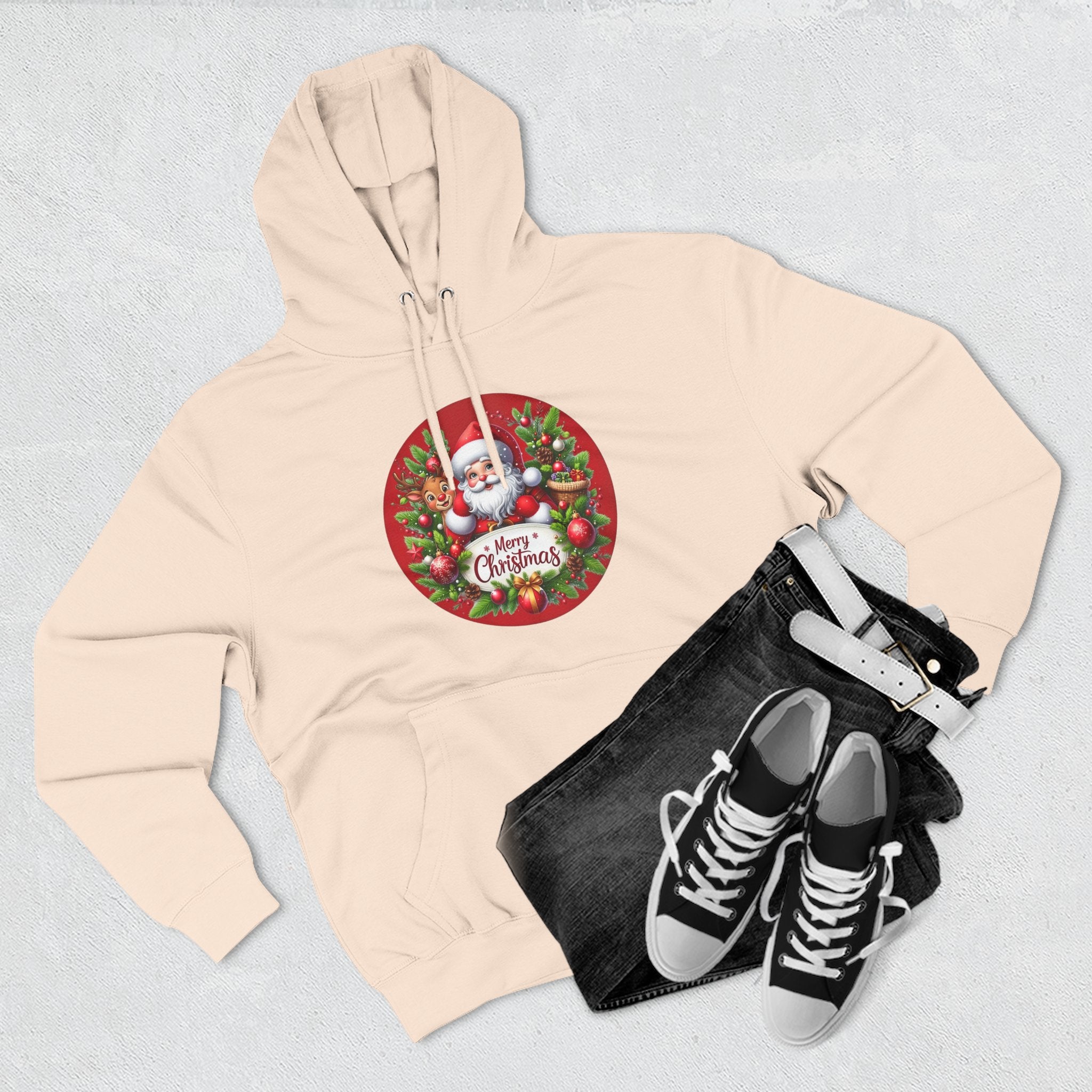 Santa & Reindeer Merry Christmas Wreath Hoodie