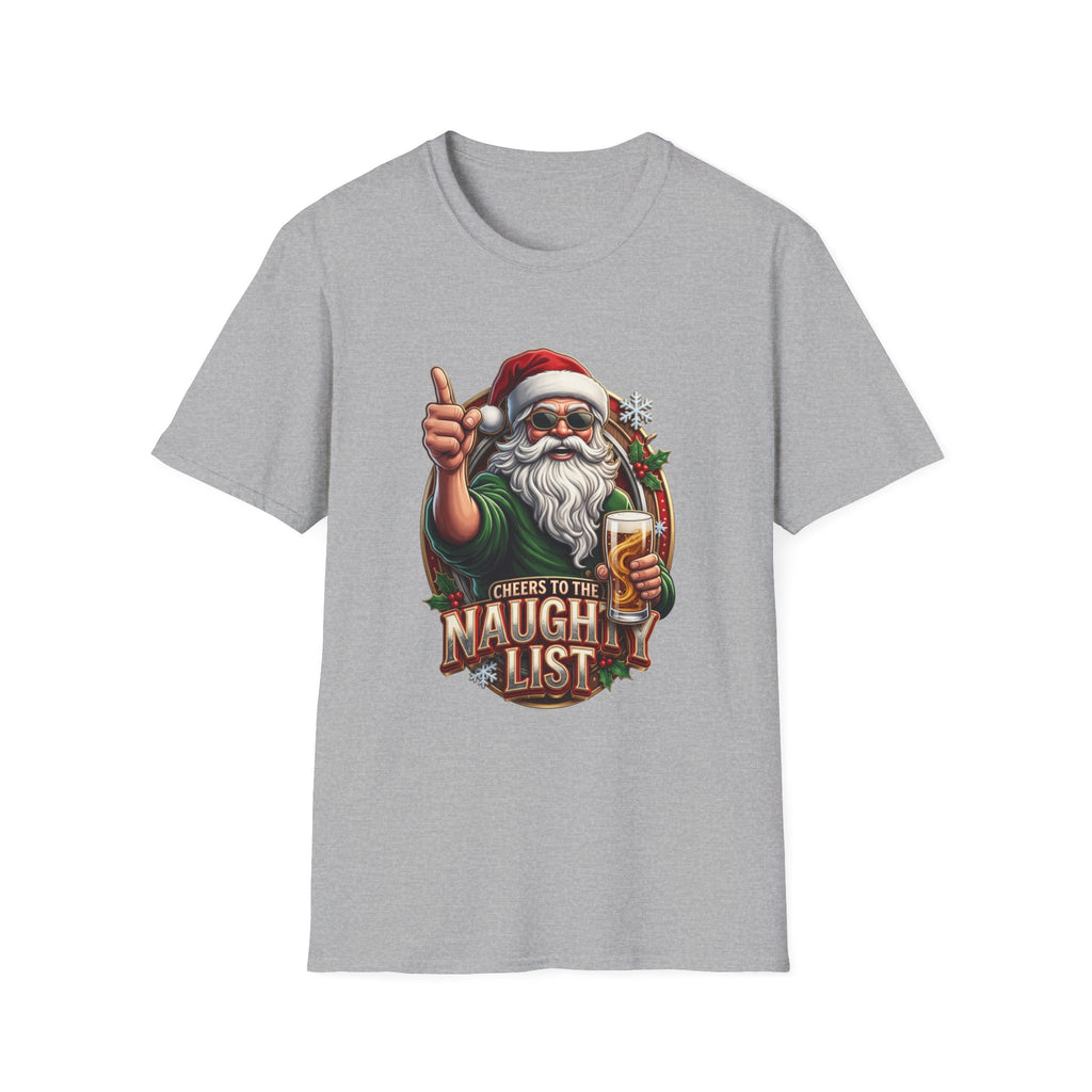 Cheers to the Naughty List Santa Beer print on the front of a Sport Grey t-shirt, laid flat on white