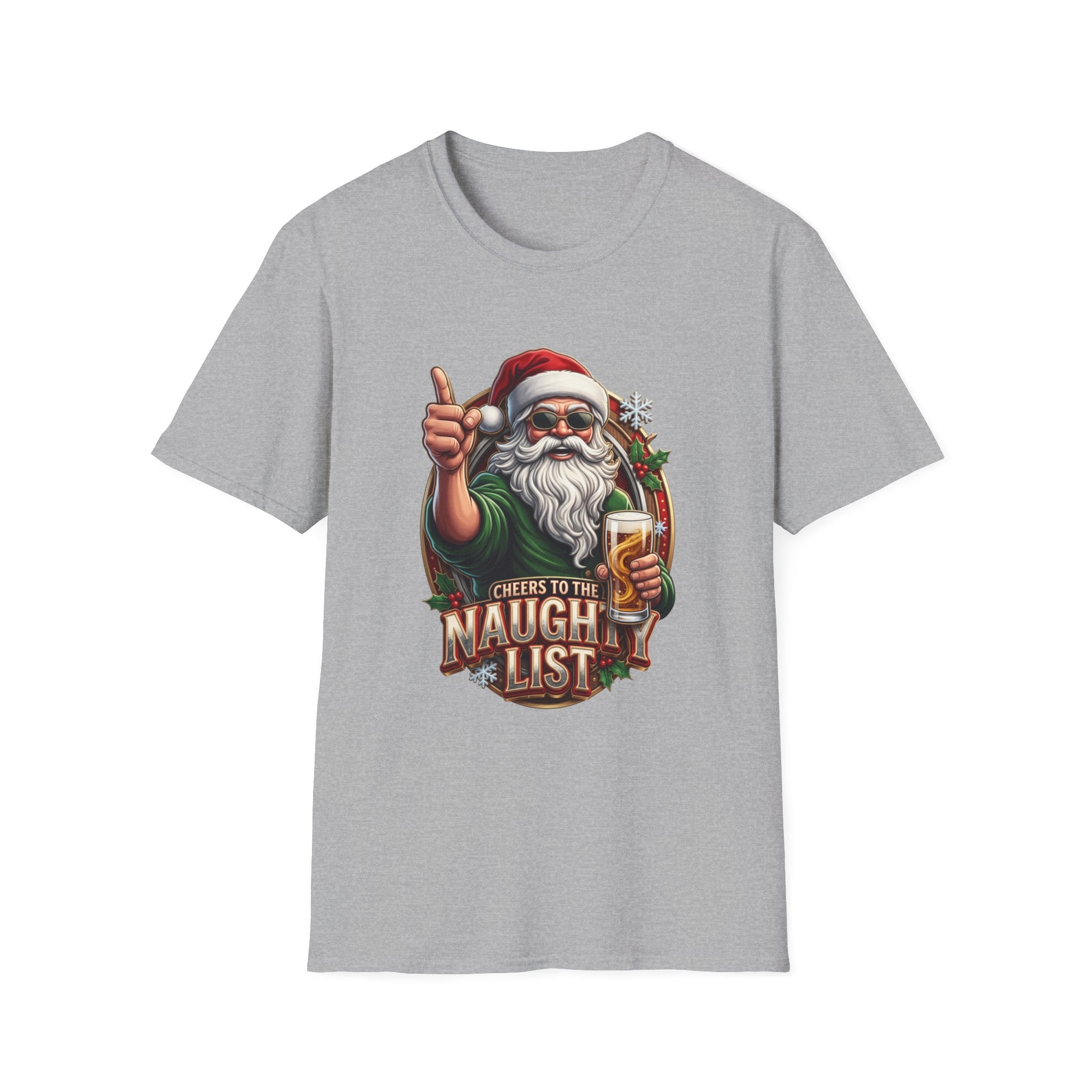 Cheers to the Naughty List Santa Beer print on the front of a Sport Grey t-shirt, laid flat on white