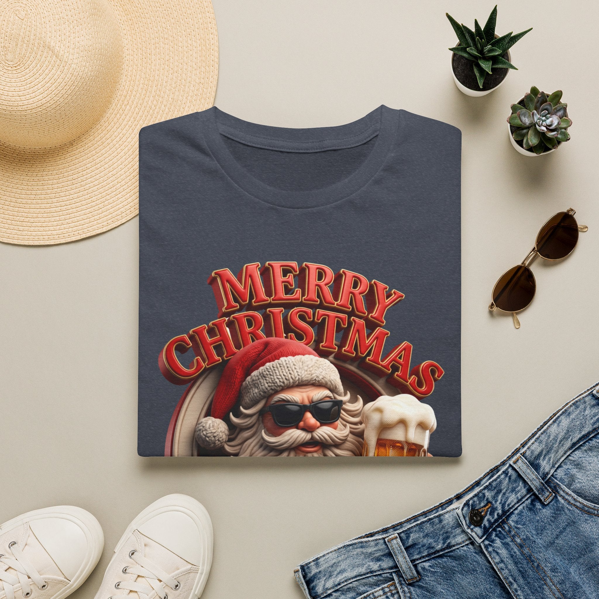 Merry Christmas I'm Drunk Santa print on a Heather Navy t-shirt, folded beside a straw hat and jeans
