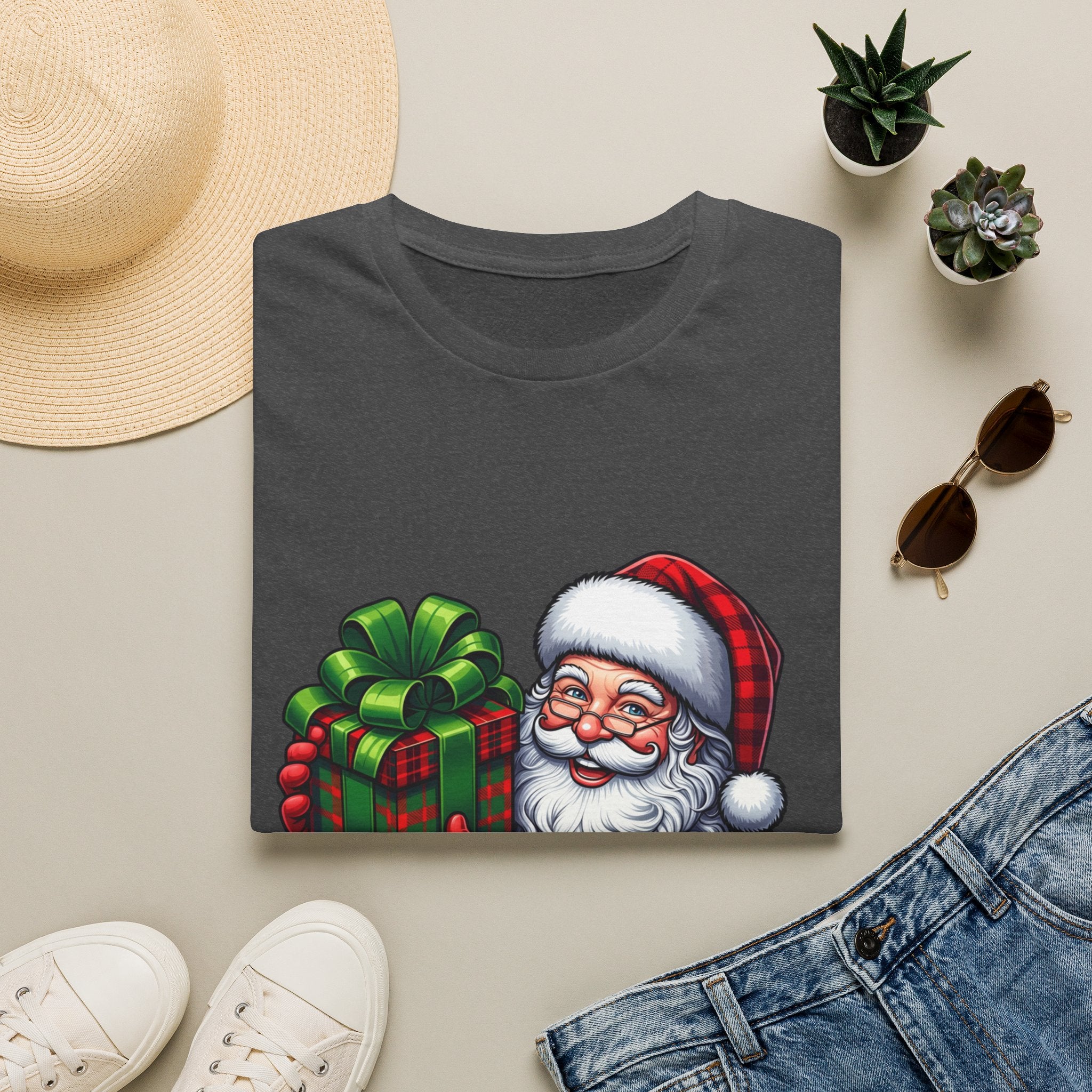 Santa Have a Plaid-astic print on a Dark Heather t-shirt, folded beside a straw hat and jeans