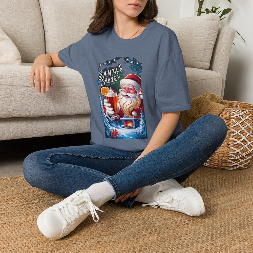 Santa's Shandy Beer Cocktail t-shirt in Heather Indigo, worn by a woman seated on a rug