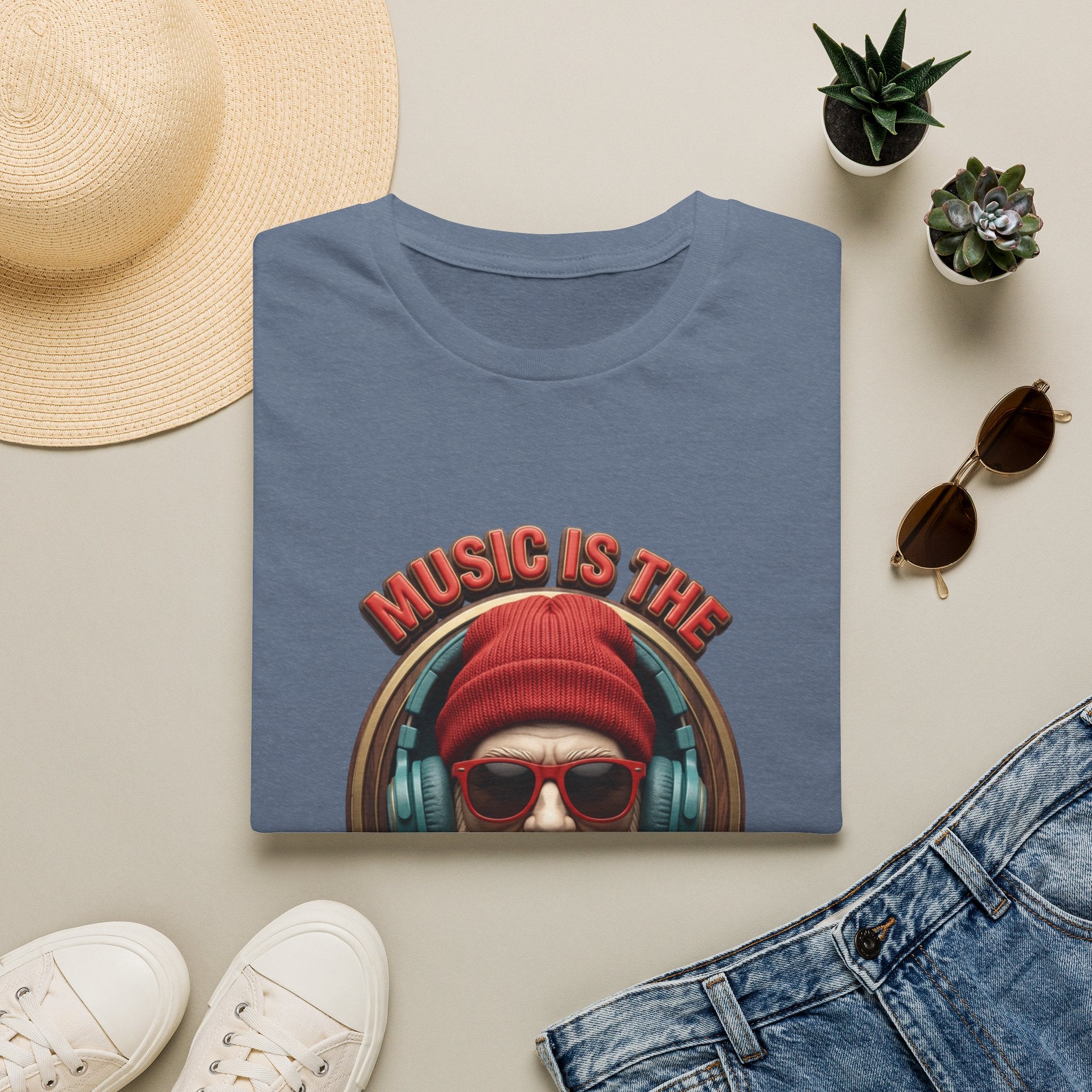 Music Is The Only Therapy Bearded Beanie print on a Heather Indigo t-shirt, folded beside a straw hat and jeans