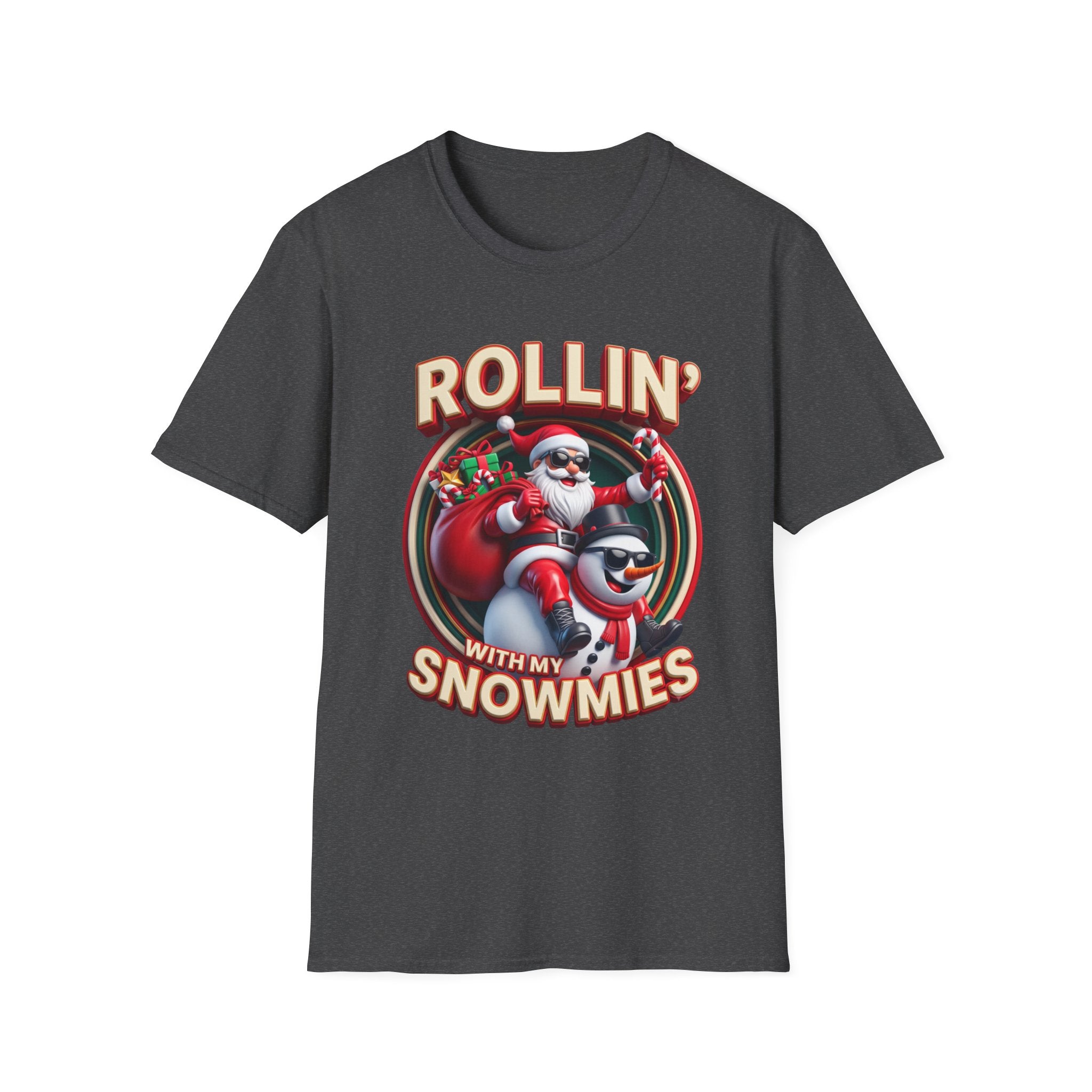 Rollin' with My Snowmies Santa & Snowman print on the front of a Dark Heather t-shirt, laid flat on white