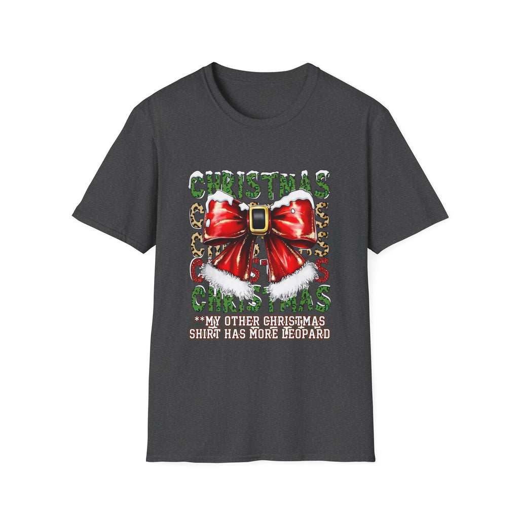 Stacked Christmas Leopard Print Santa Belt Bow print on the front of a Dark Heather t-shirt, laid flat on white