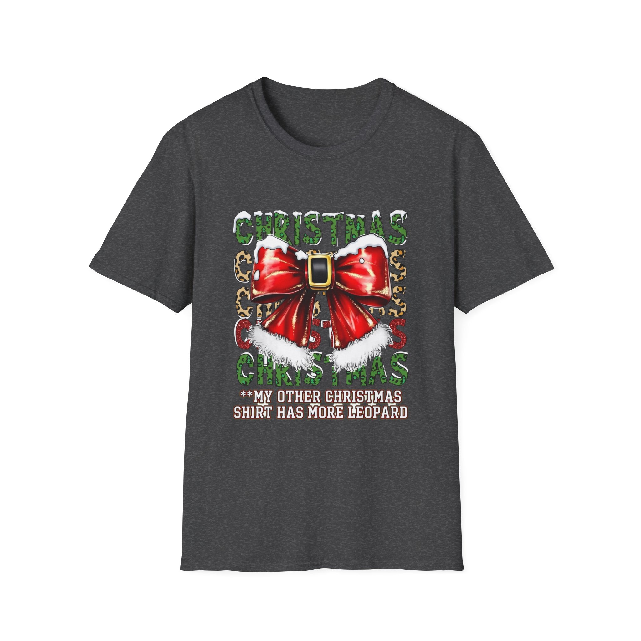 Stacked Christmas Leopard Print Santa Belt Bow print on the front of a Dark Heather t-shirt, laid flat on white