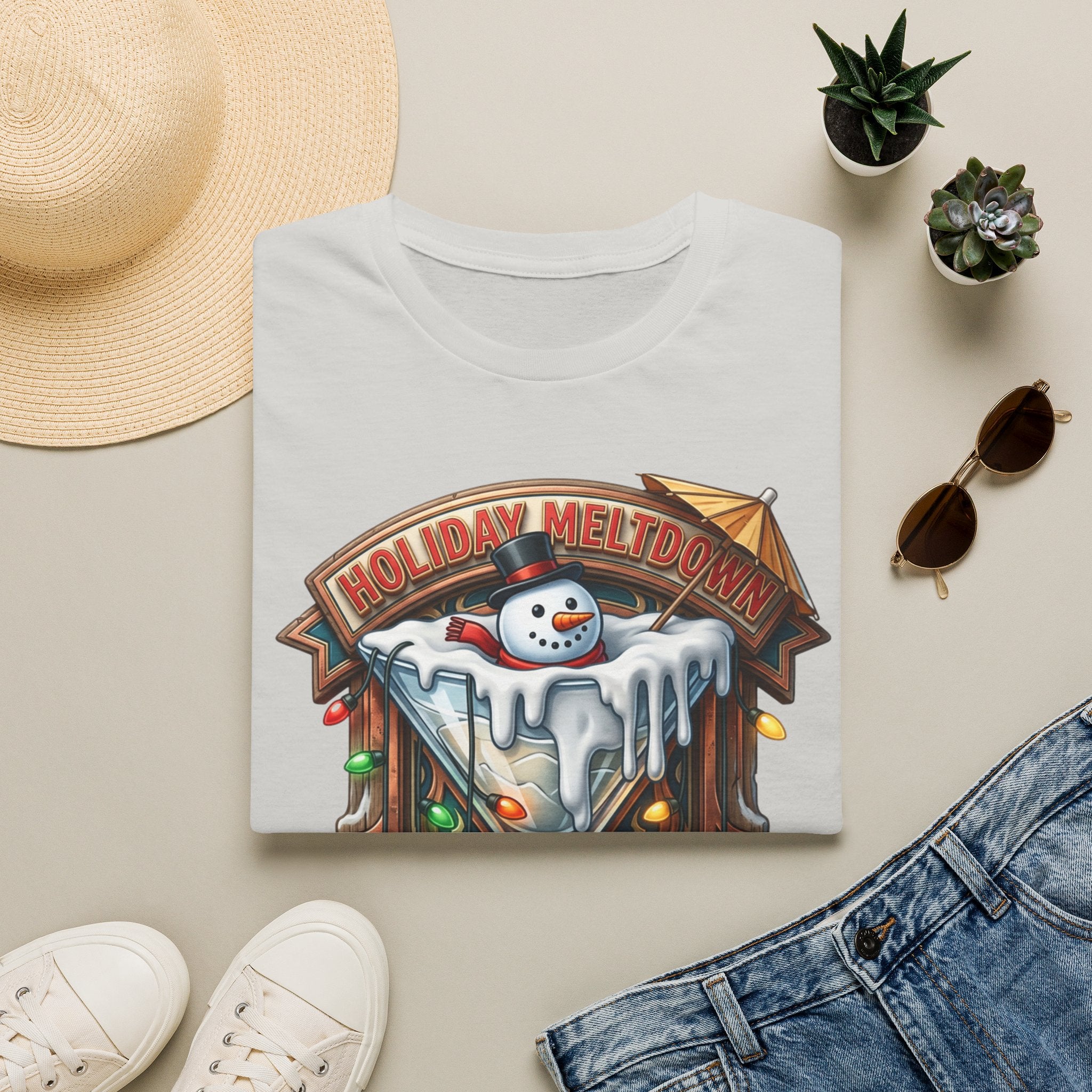 Holiday Meltdown Snowman Martini print on an Ice Grey t-shirt, folded beside a straw hat and jeans