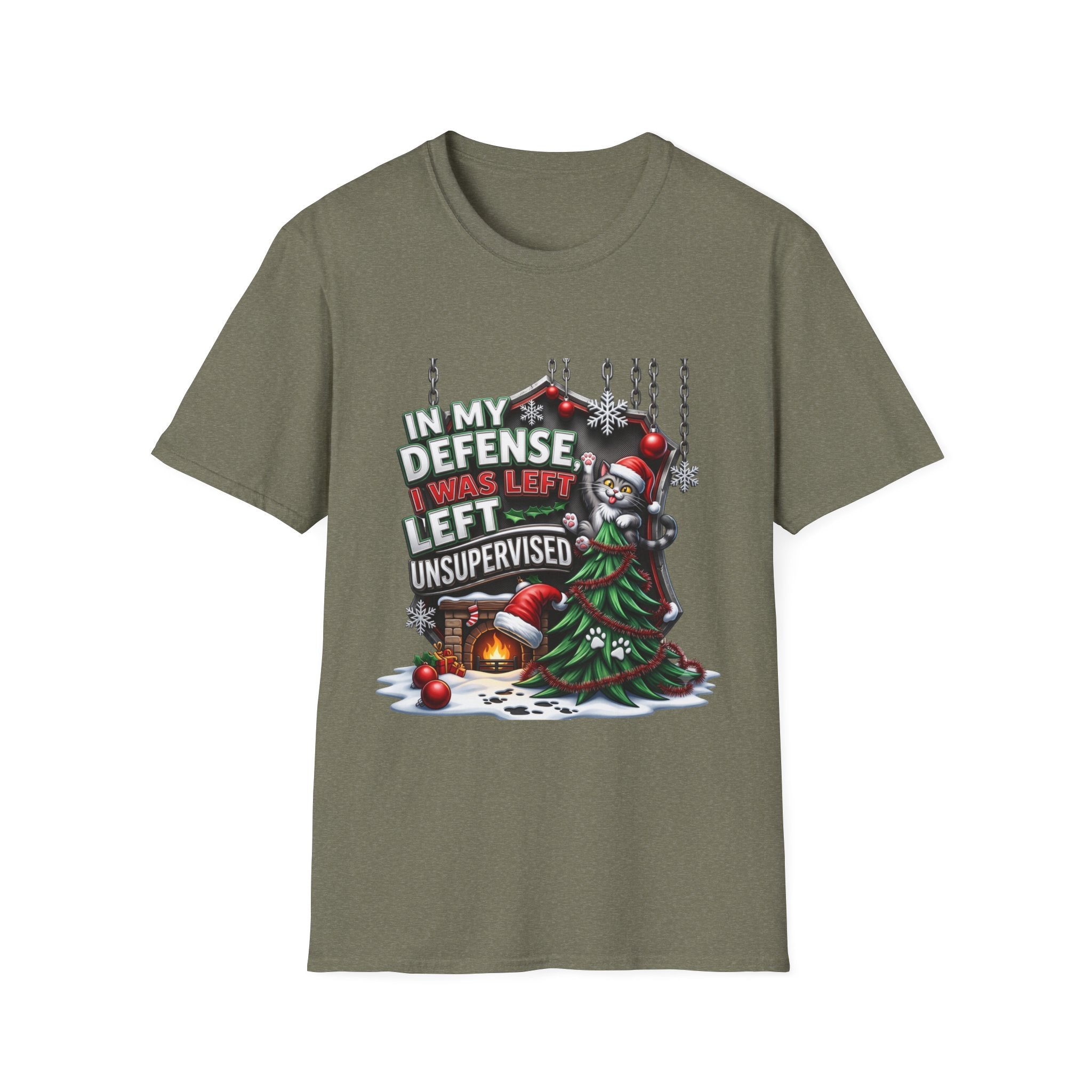 Cat In My Defense Left Unsupervised print on the front of a Heather Military Green t-shirt, laid flat on white