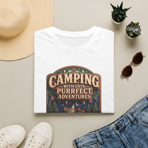 Camping With Cats Purrfect Adventures print on a White t-shirt, folded beside a straw hat and jeans